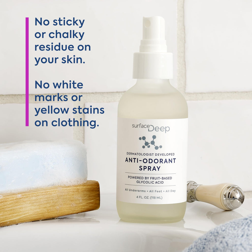 Surface Deep Natural Spray Deodorant – Aluminum-Free, Vegan, Dermatologist-Developed | Odor Prevention for Underarms & Feet