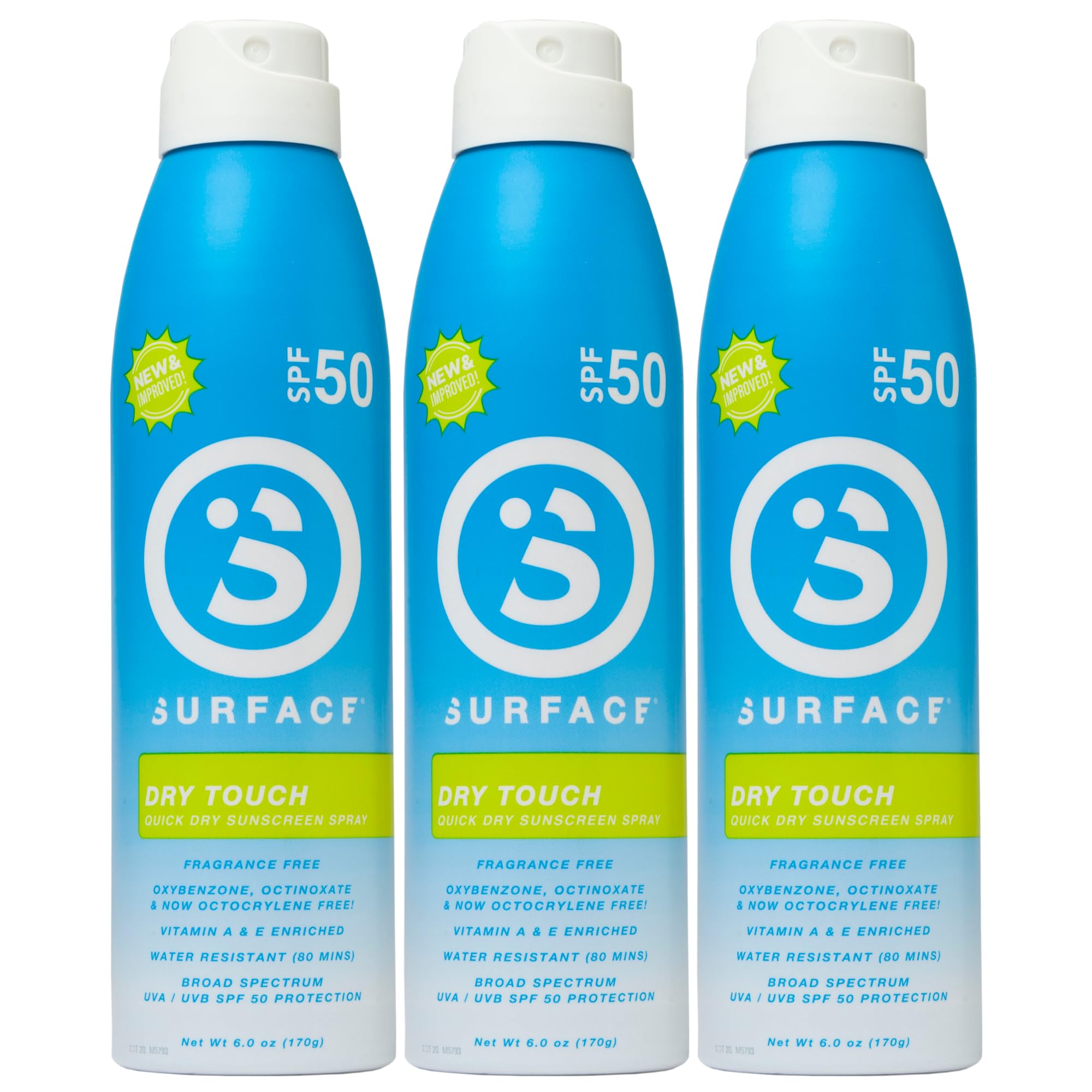 Surface Dry Touch Spray Sunscreen SPF 50 (3-Pack) 6oz – Water-Resistant, Fast-Drying Broad Spectrum
