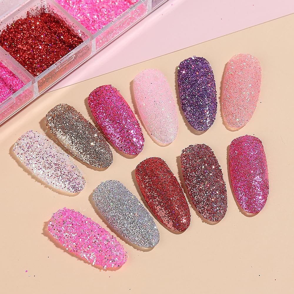SUTOKAKA Holographic Sugar Glitter Powder – 12 Iridescent Nail Colors