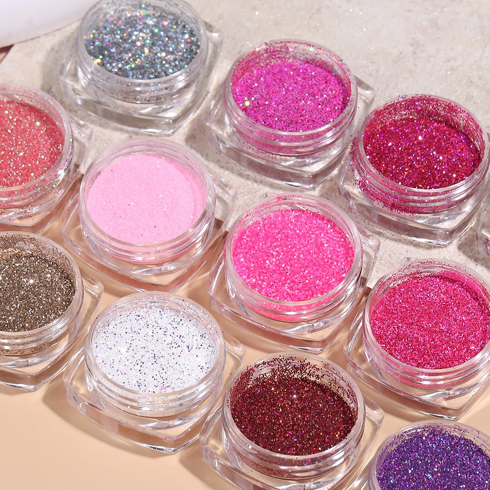 SUTOKAKA Holographic Sugar Glitter Powder – 12 Iridescent Nail Colors