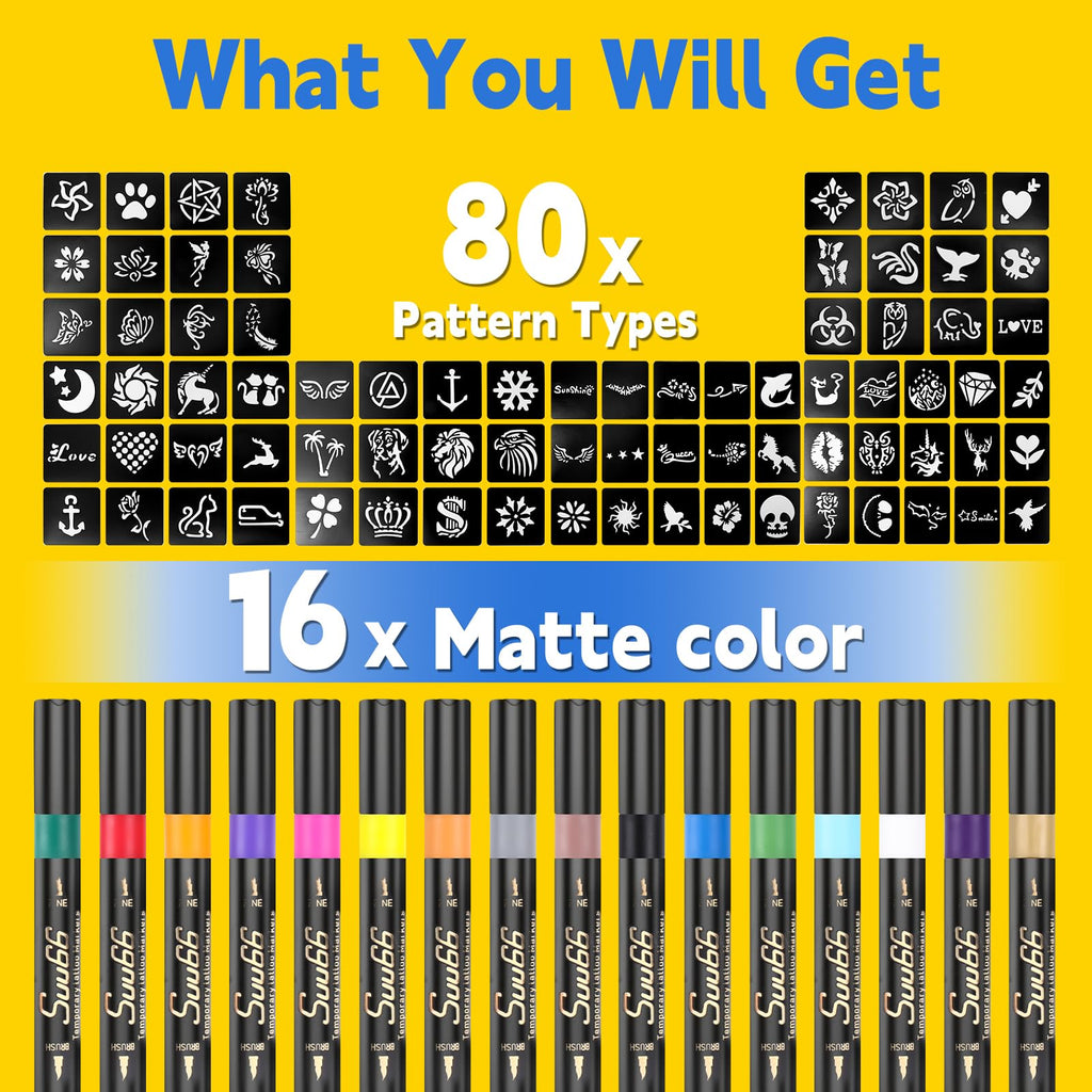 Suu66 Temporary Tattoo Markers Kit – 16 Dual-End Colors with 80 Stencils | Skin-Safe & Washable