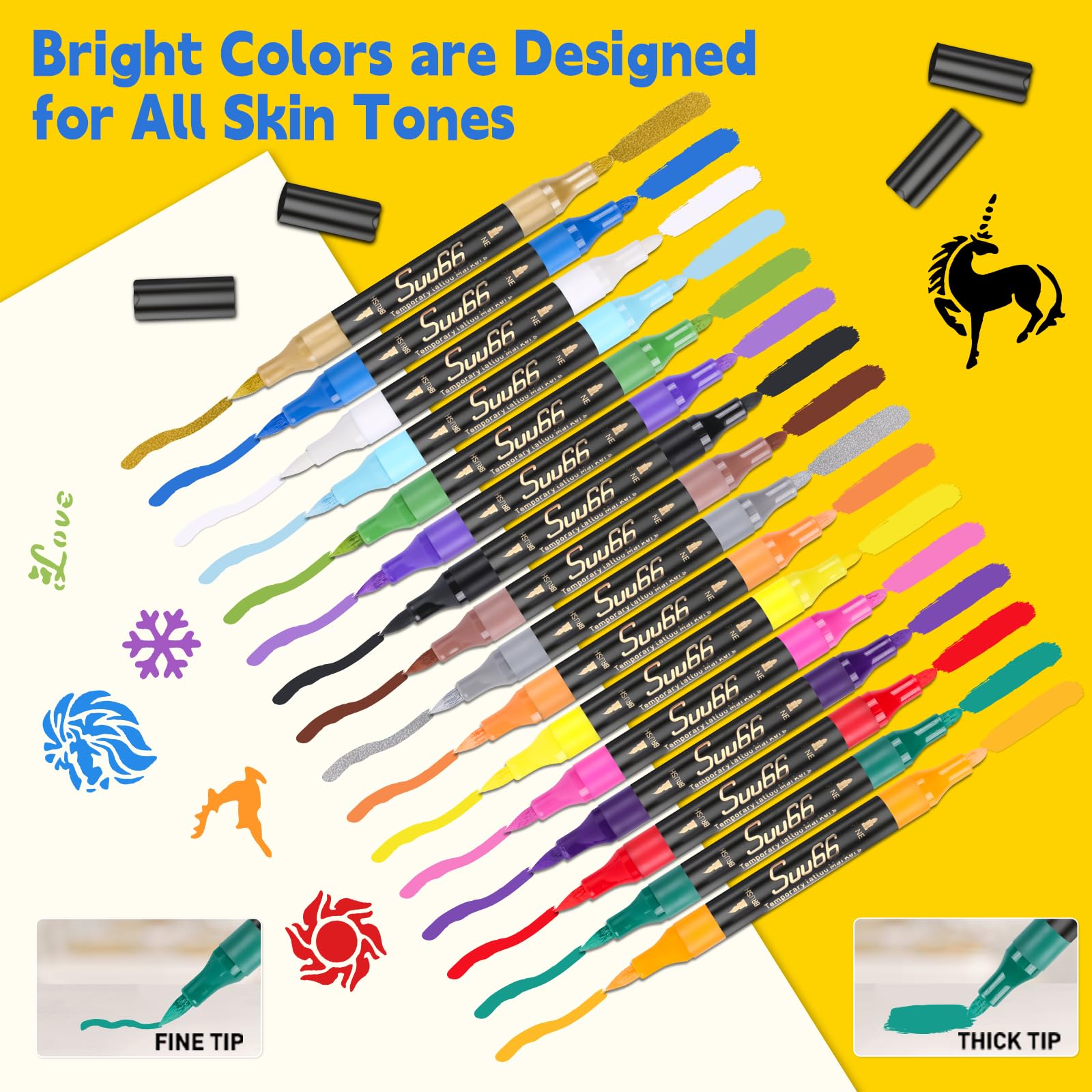 Suu66 Temporary Tattoo Markers Kit – 16 Dual-End Colors with 80 Stencils | Skin-Safe & Washable