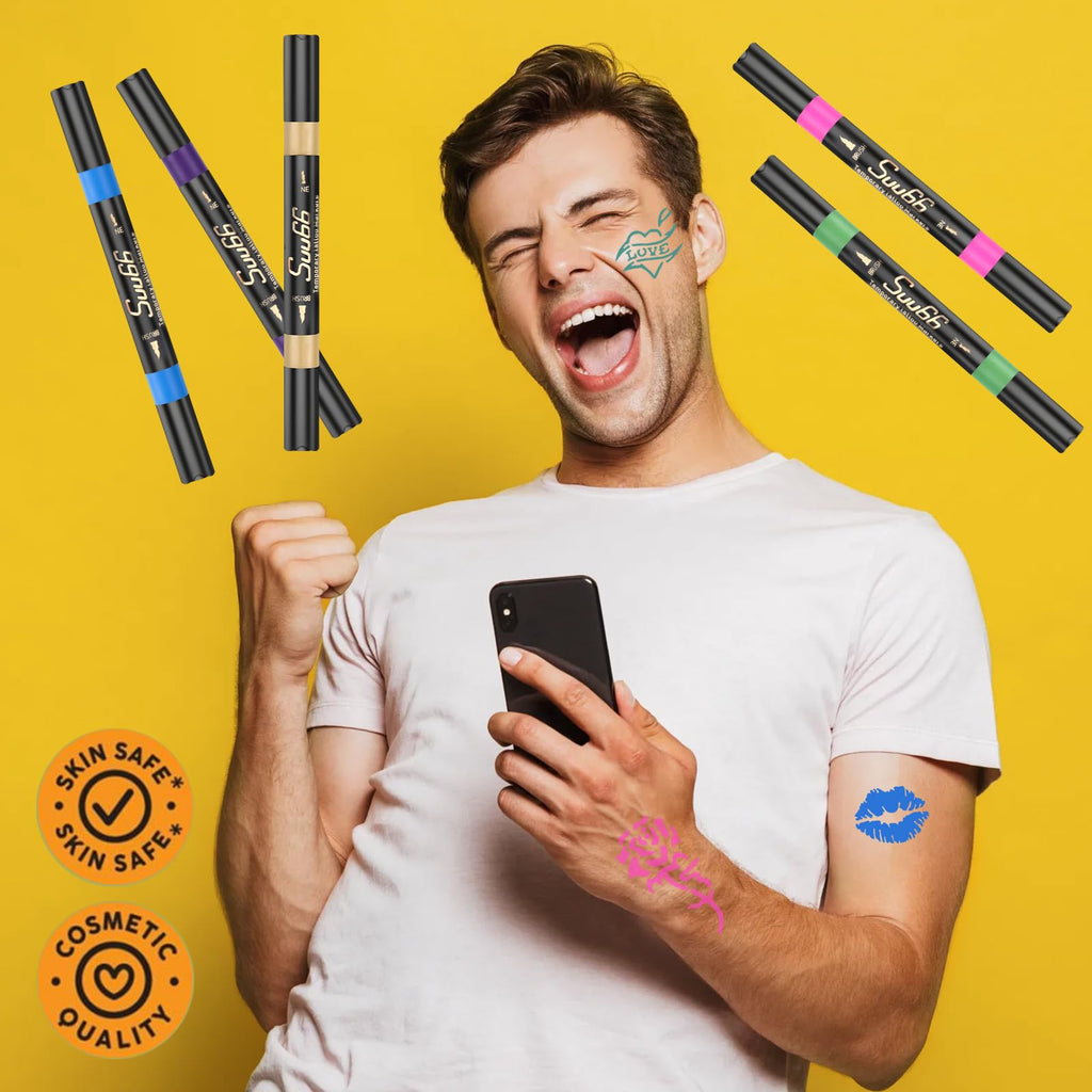 Suu66 Temporary Tattoo Markers Kit – 16 Dual-End Colors with 80 Stencils | Skin-Safe & Washable