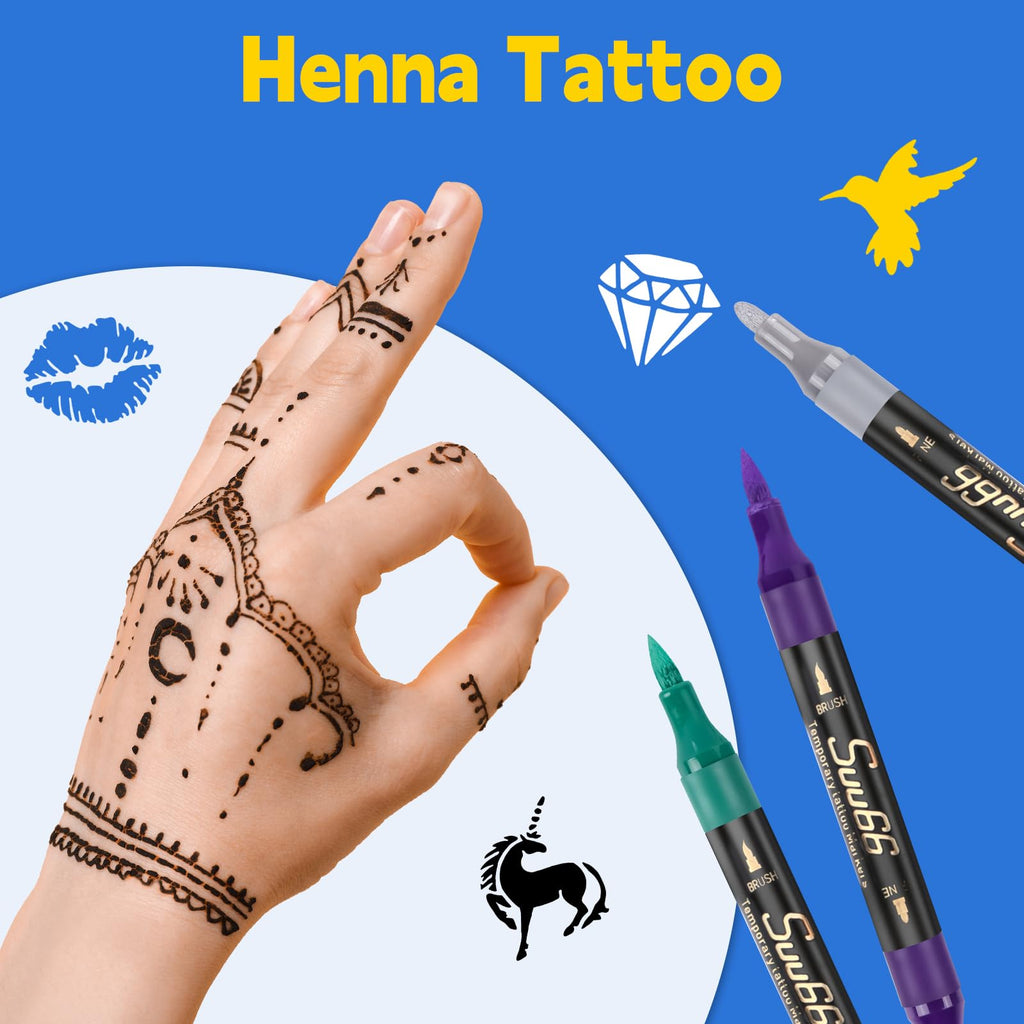 Suu66 Temporary Tattoo Markers Kit – 16 Dual-End Colors with 80 Stencils | Skin-Safe & Washable