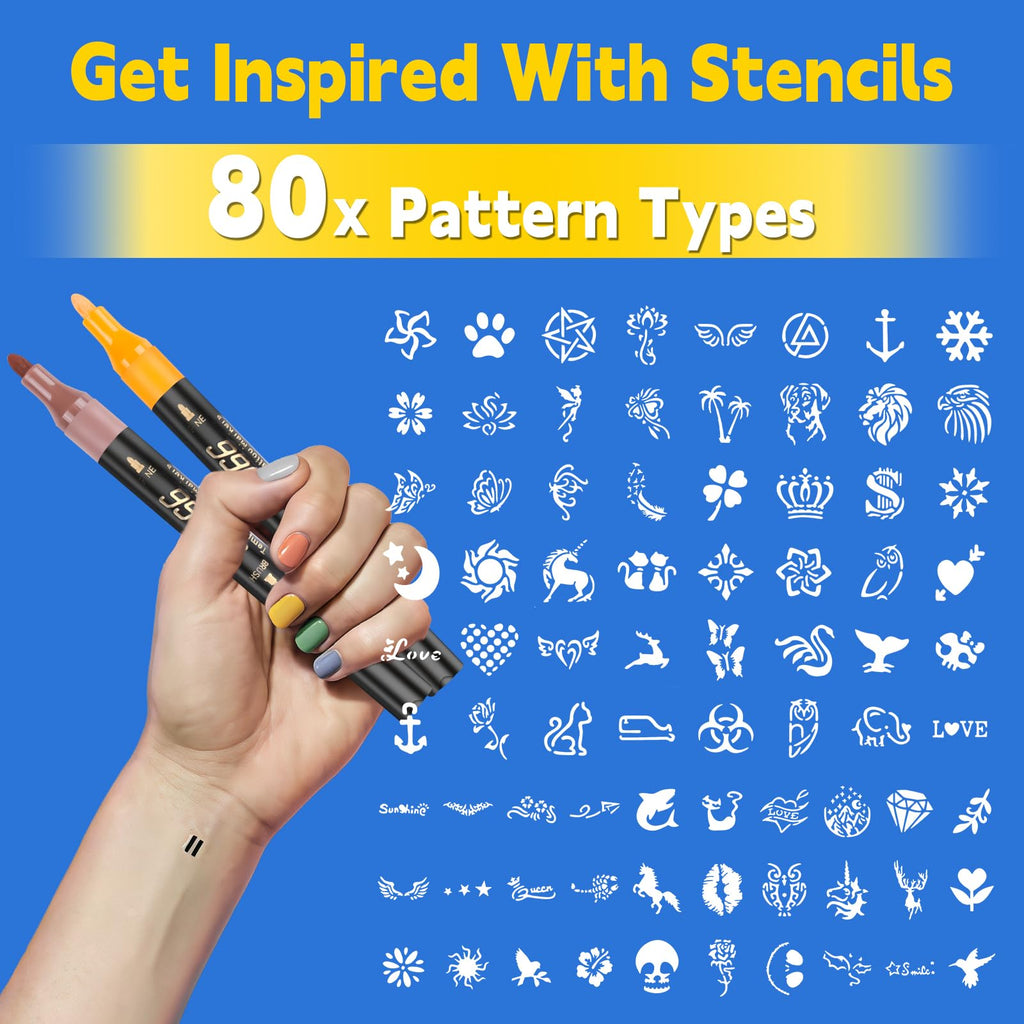 Suu66 Temporary Tattoo Markers Kit – 16 Dual-End Colors with 80 Stencils | Skin-Safe & Washable