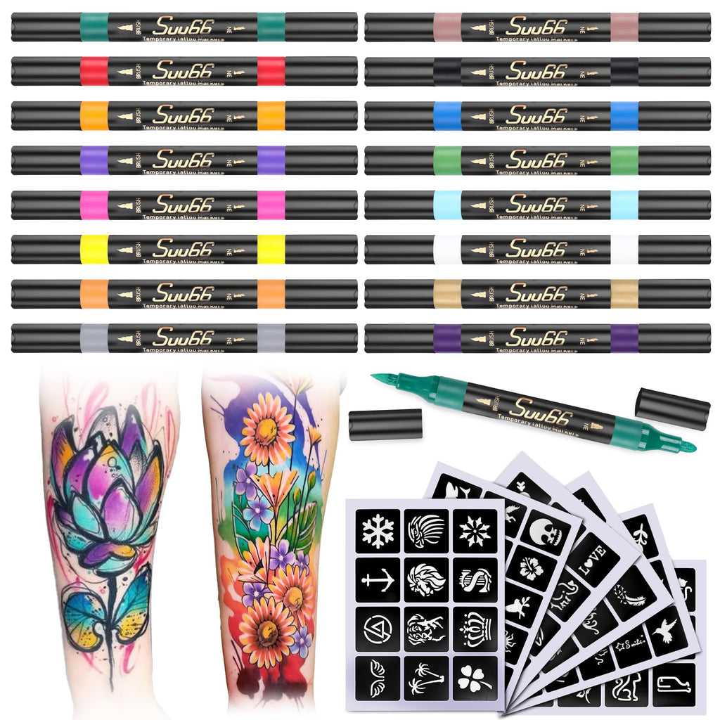 Suu66 Temporary Tattoo Markers Kit – 16 Dual-End Colors with 80 Stencils | Skin-Safe & Washable