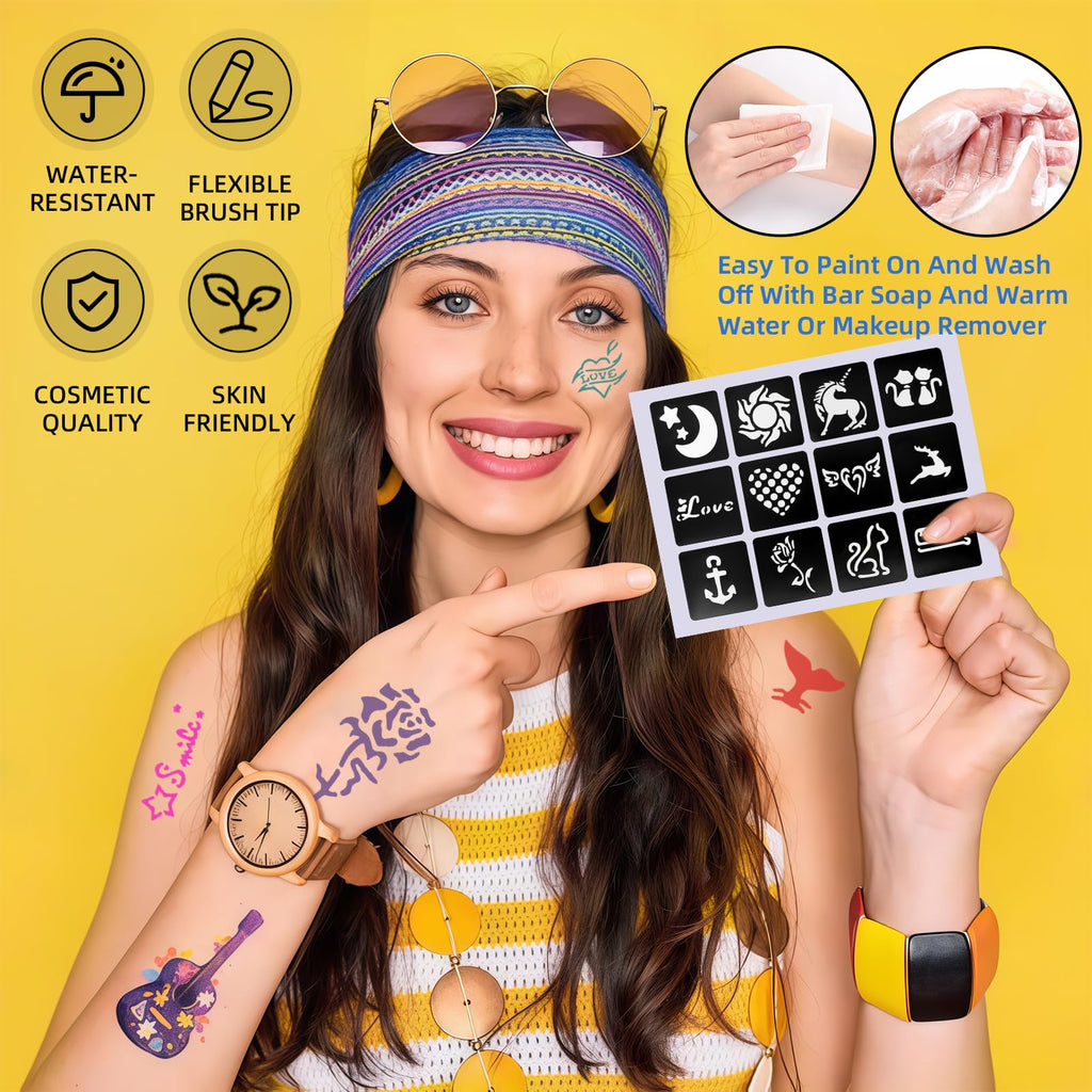 Suu66 Temporary Tattoo Markers Kit – 16 Dual-End Colors with 80 Stencils | Skin-Safe & Washable