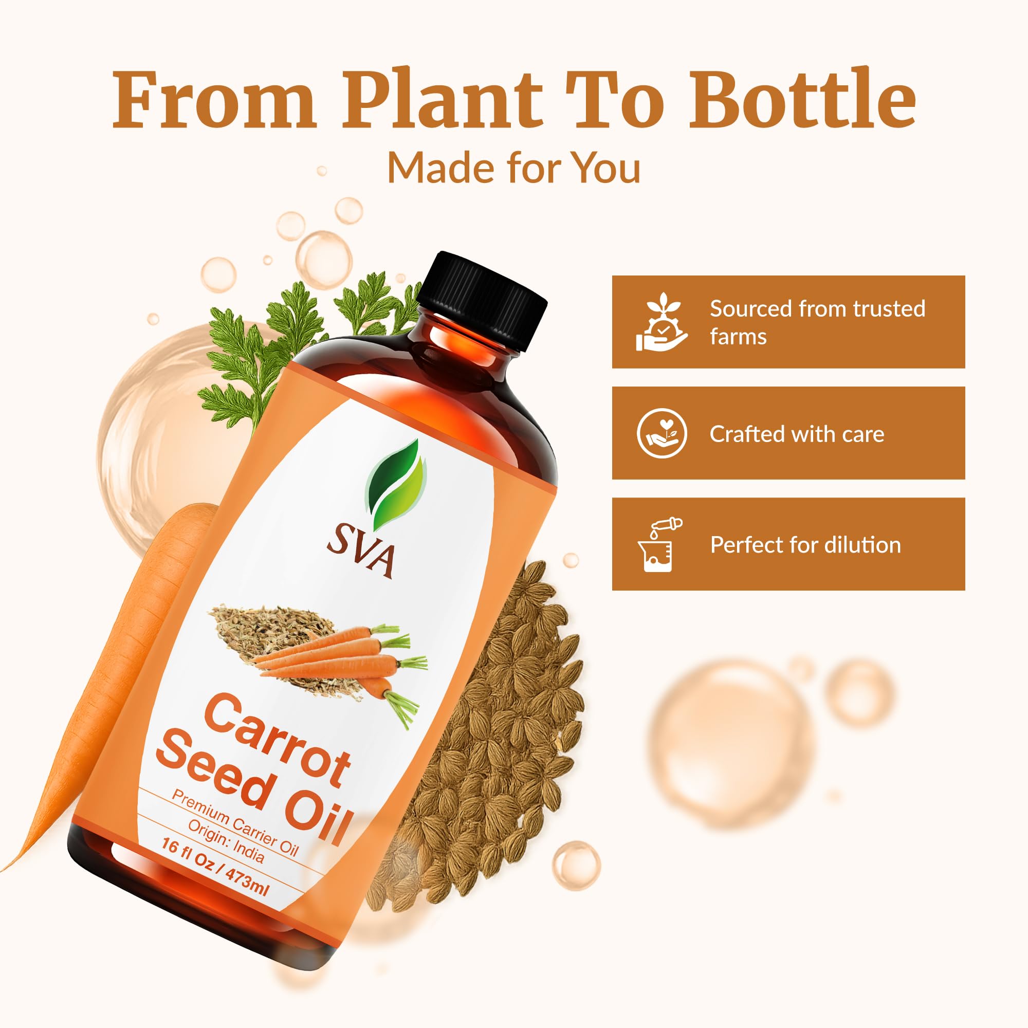 SVA Carrot Seed Oil - 16 oz | 100% Natural Cold-Pressed Carrier Oil for Face, Skin & Hair