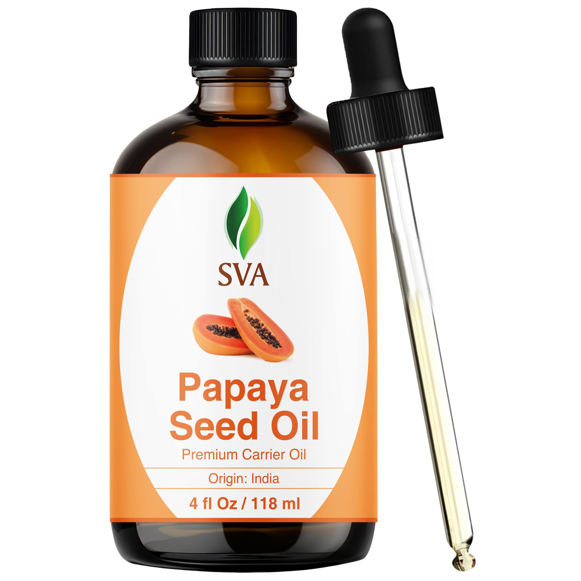 SVA Organics Papaya Seed Oil - 4oz Cold-Pressed Carrier Oil with Dropper for Face, Skin & Hair
