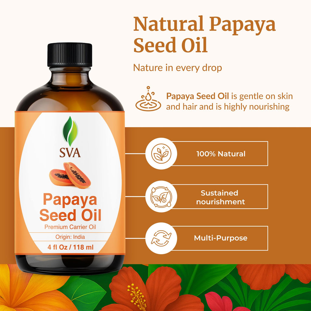 SVA Organics Papaya Seed Oil - 4oz Cold-Pressed Carrier Oil with Dropper for Face, Skin & Hair