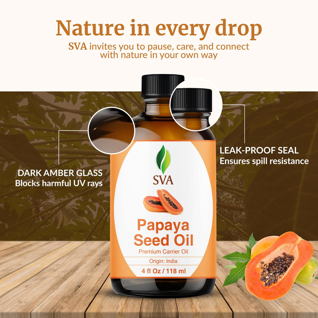 SVA Organics Papaya Seed Oil - 4oz Cold-Pressed Carrier Oil with Dropper for Face, Skin & Hair
