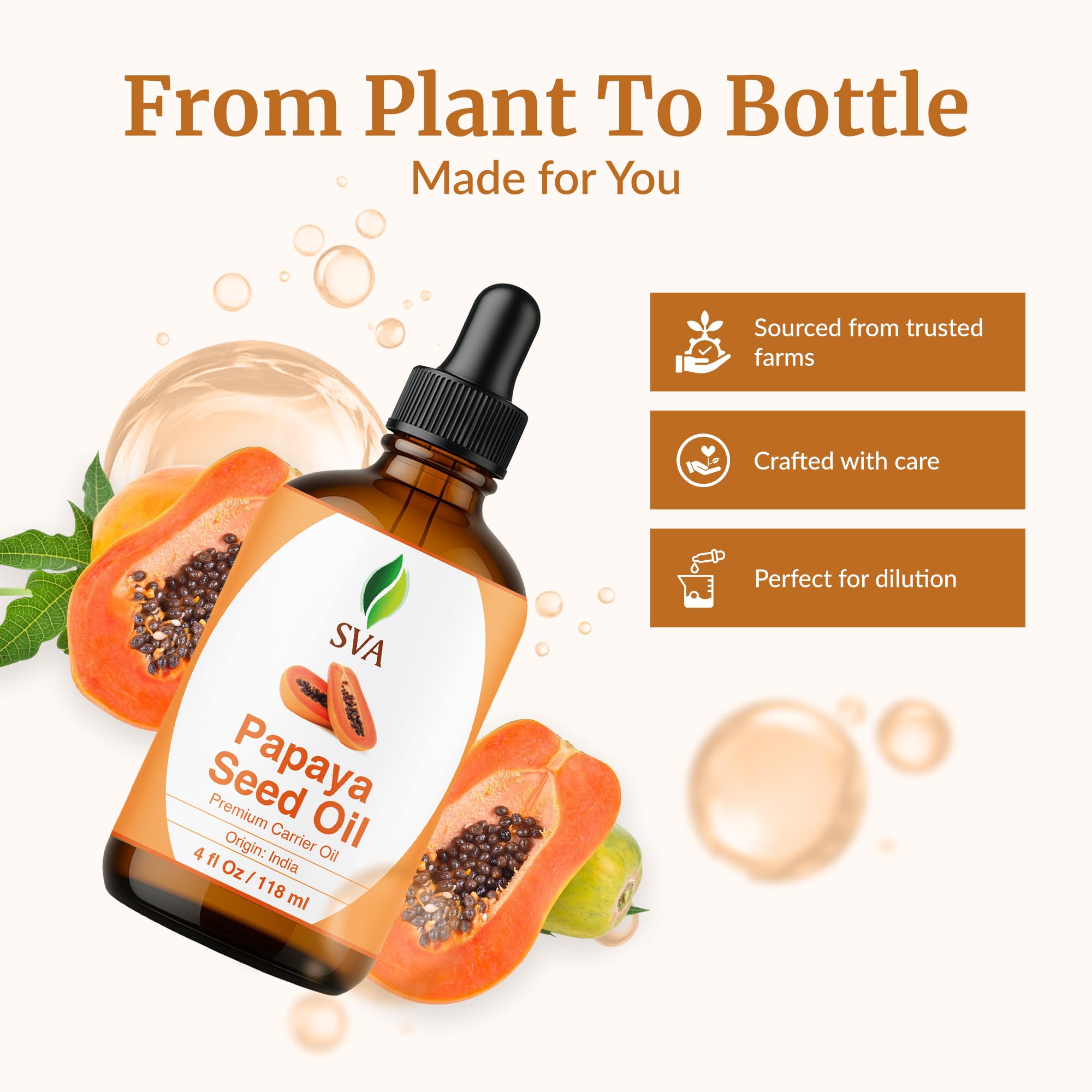 SVA Organics Papaya Seed Oil - 4oz Cold-Pressed Carrier Oil with Dropper for Face, Skin & Hair