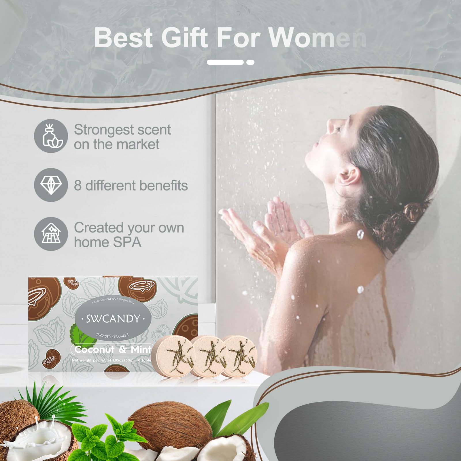 SWCANDY Shower Steamers Coconut Mint Aromatherapy – 8 Pcs Gift Set