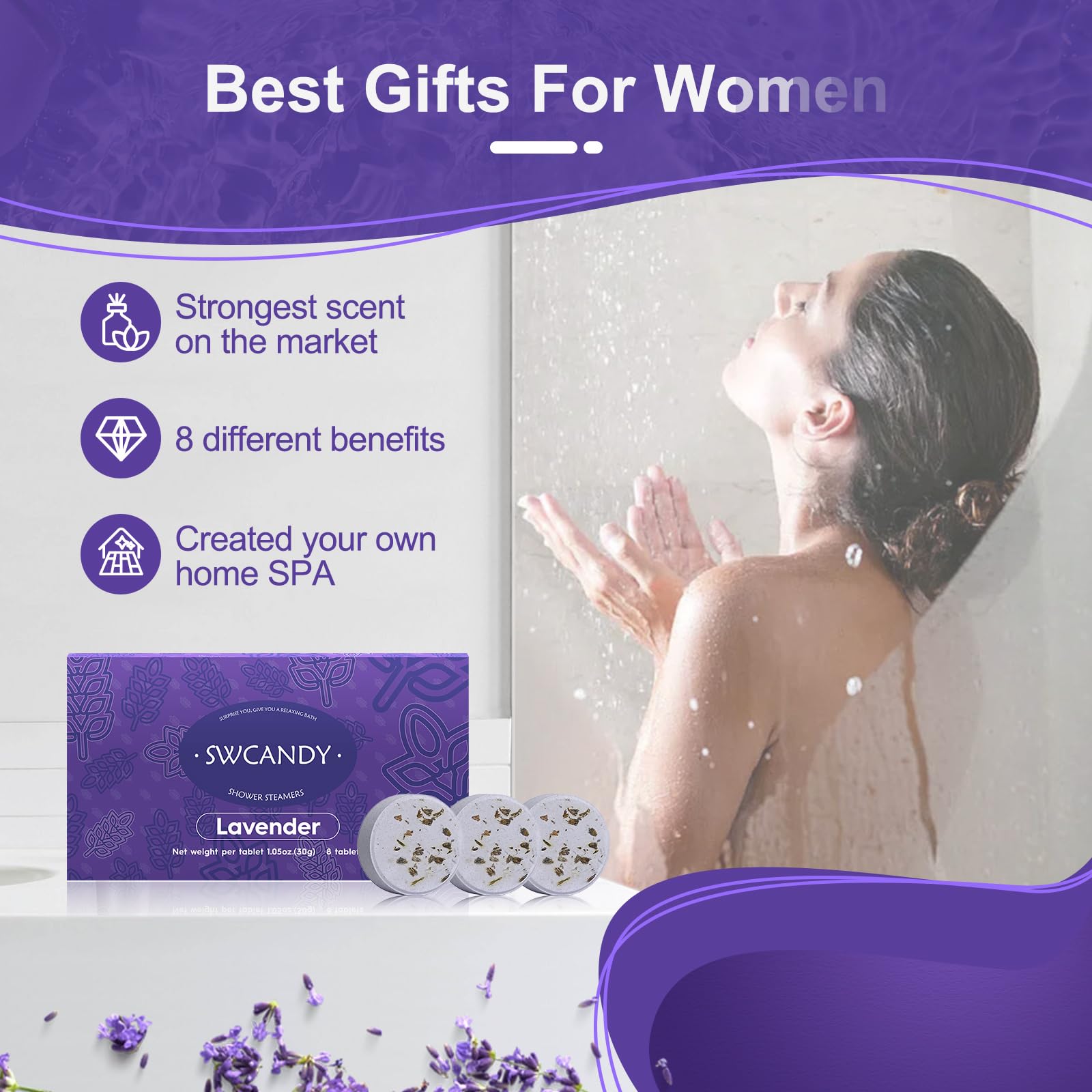 SWCANDY Lavender Shower Steamers – Aromatherapy 8-Pack for Travel, Relaxation & Home Spa