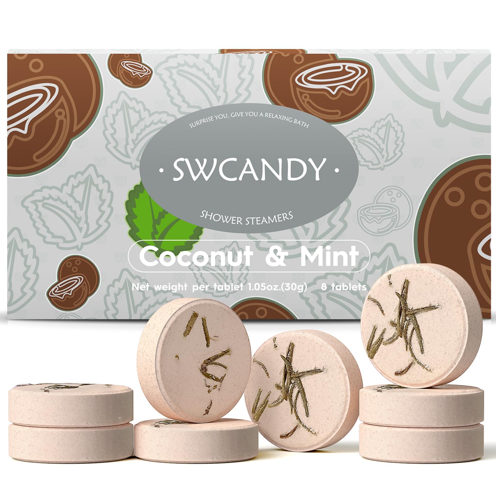 SWCANDY Shower Steamers Coconut Mint Aromatherapy – 8 Pcs Gift Set