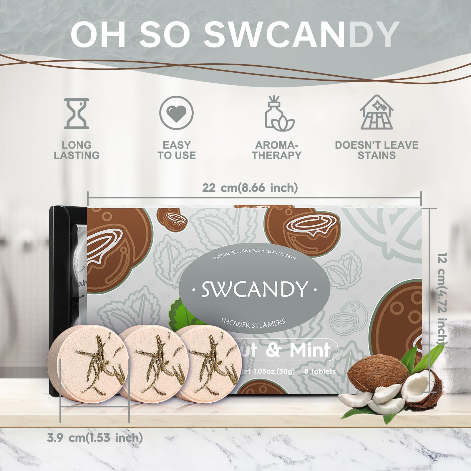 SWCANDY Shower Steamers Coconut Mint Aromatherapy – 8 Pcs Gift Set