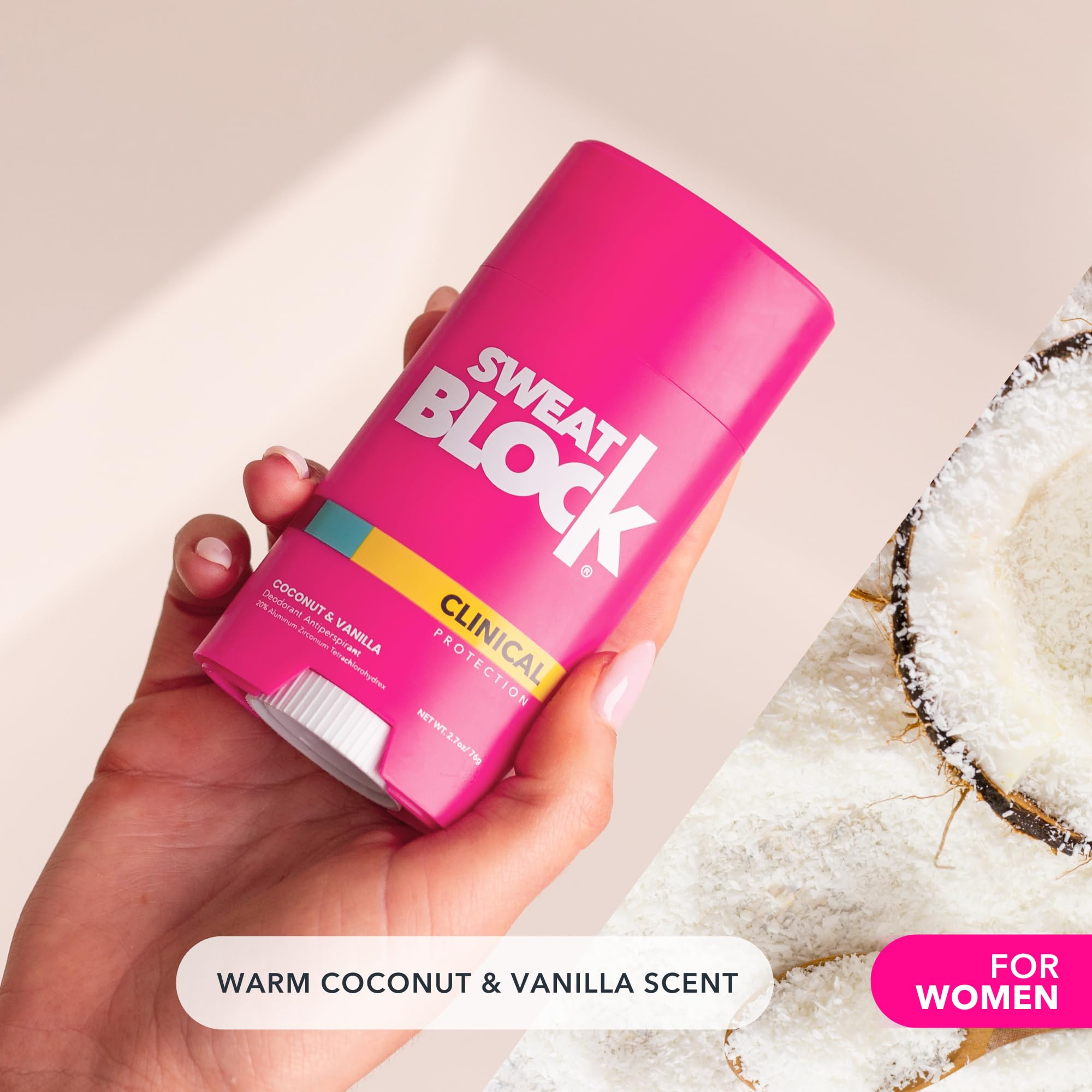SweatBlock Clinical Strength Deodorant for Women – Coconut & Vanilla, 48-Hour Sweat & Odor Protection
