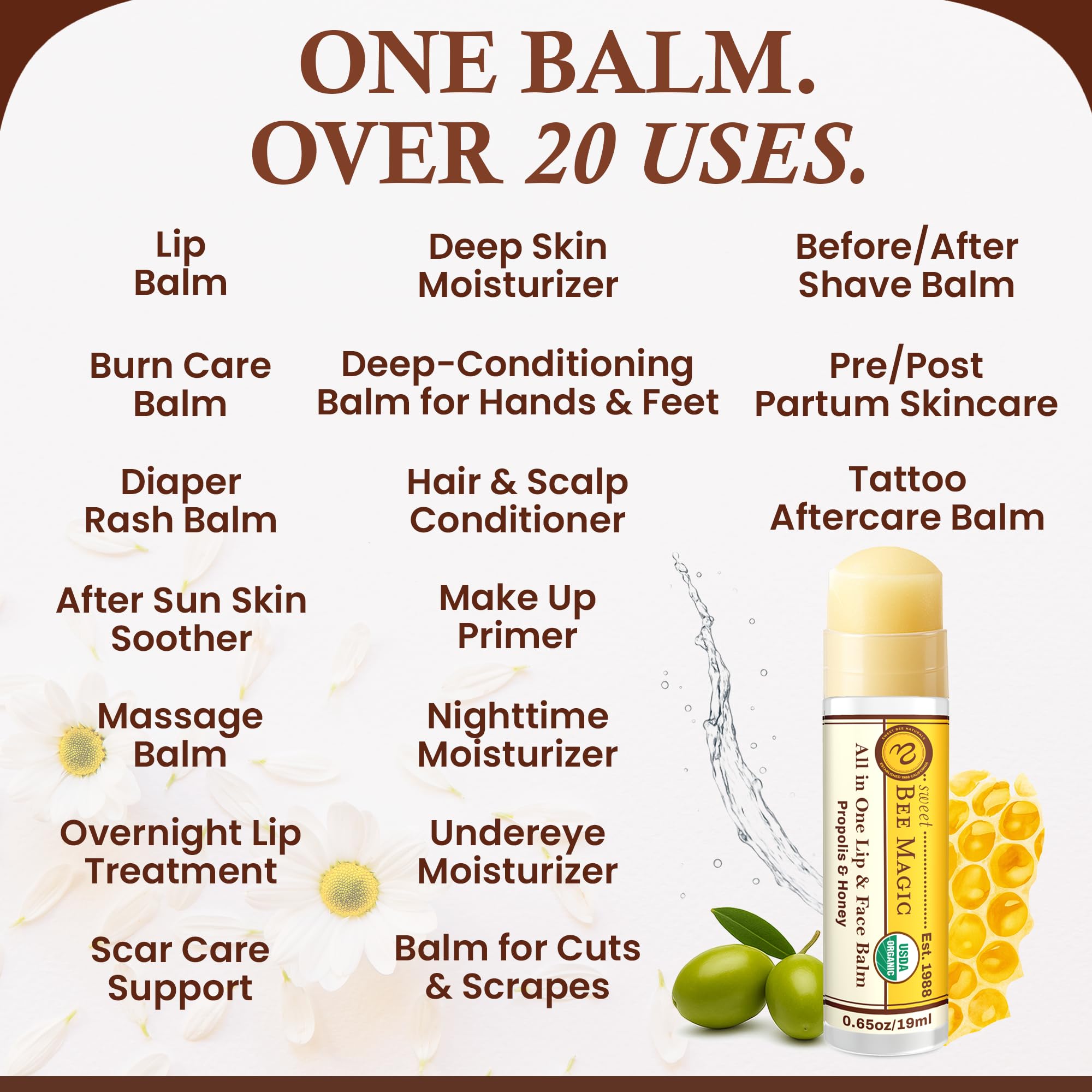 Sweet Bee Naturals Organic Beeswax Lip Balm – Honey & Propolis Moisturizing Stick | Pack of 3