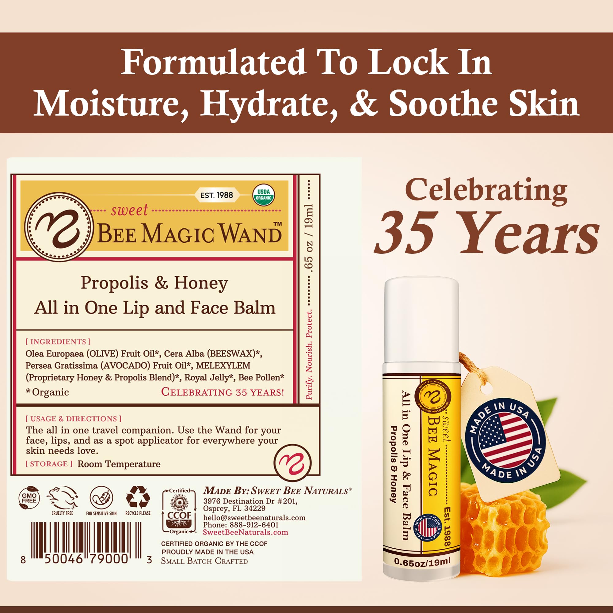 Sweet Bee Naturals Organic Beeswax Lip Balm – Honey & Propolis Moisturizing Stick | Pack of 3