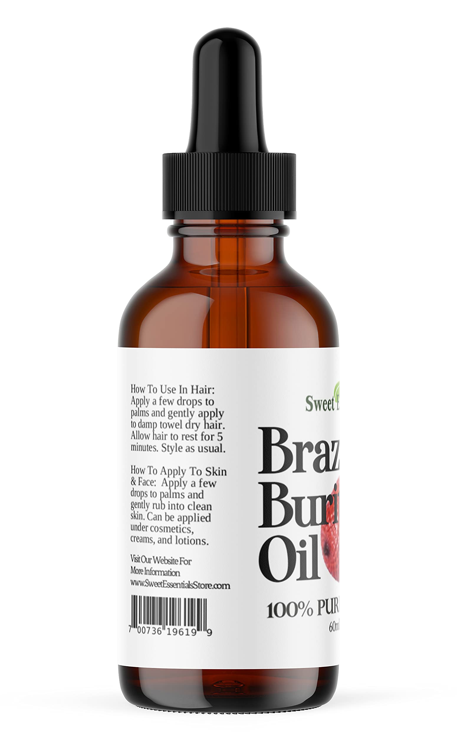 Sweet Essentials 100% Organic Buriti Oil (Aguaje) – Cold-Pressed, 2oz Glass Bottle with Dropper
