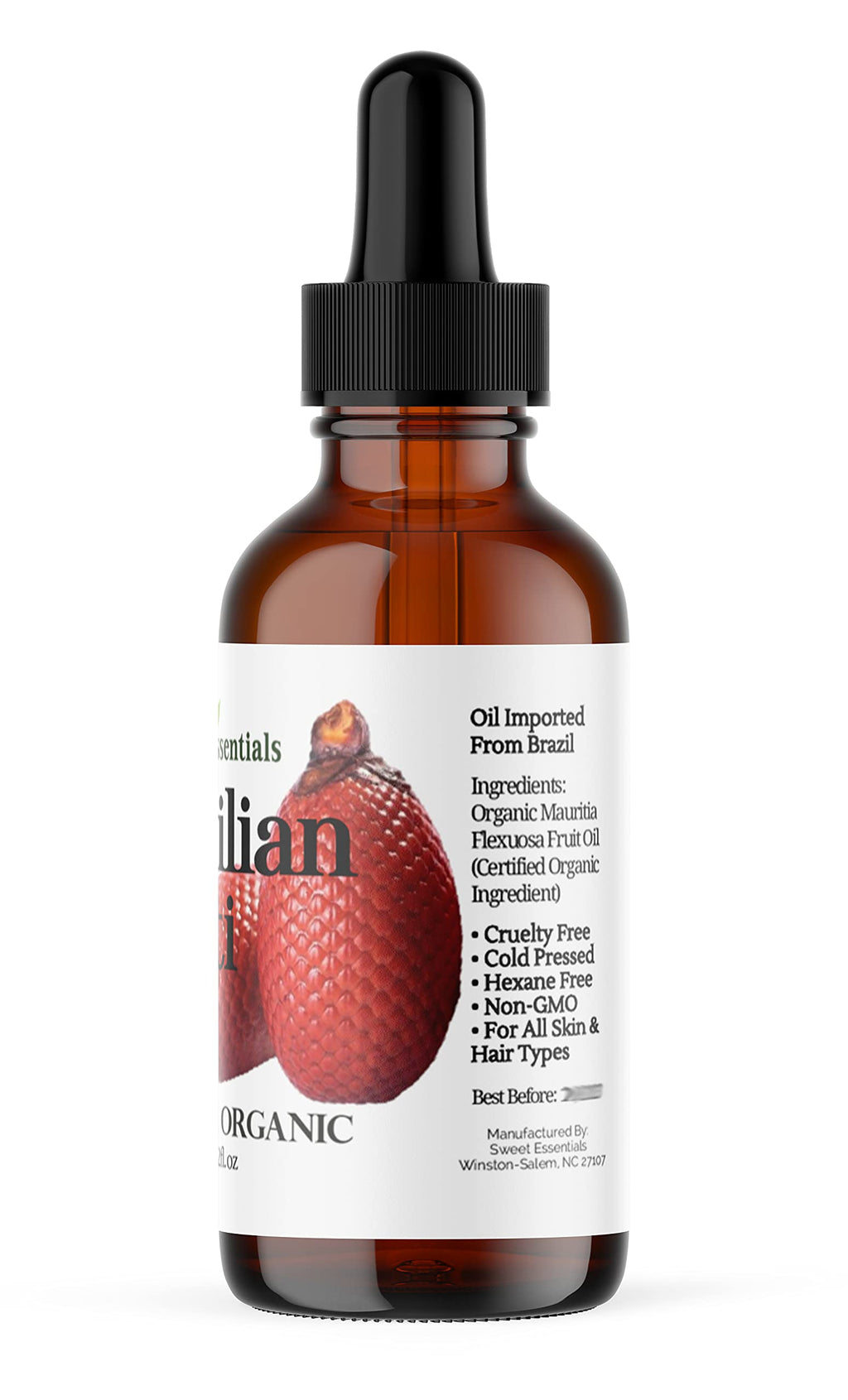 Sweet Essentials 100% Organic Buriti Oil (Aguaje) – Cold-Pressed, 2oz Glass Bottle with Dropper