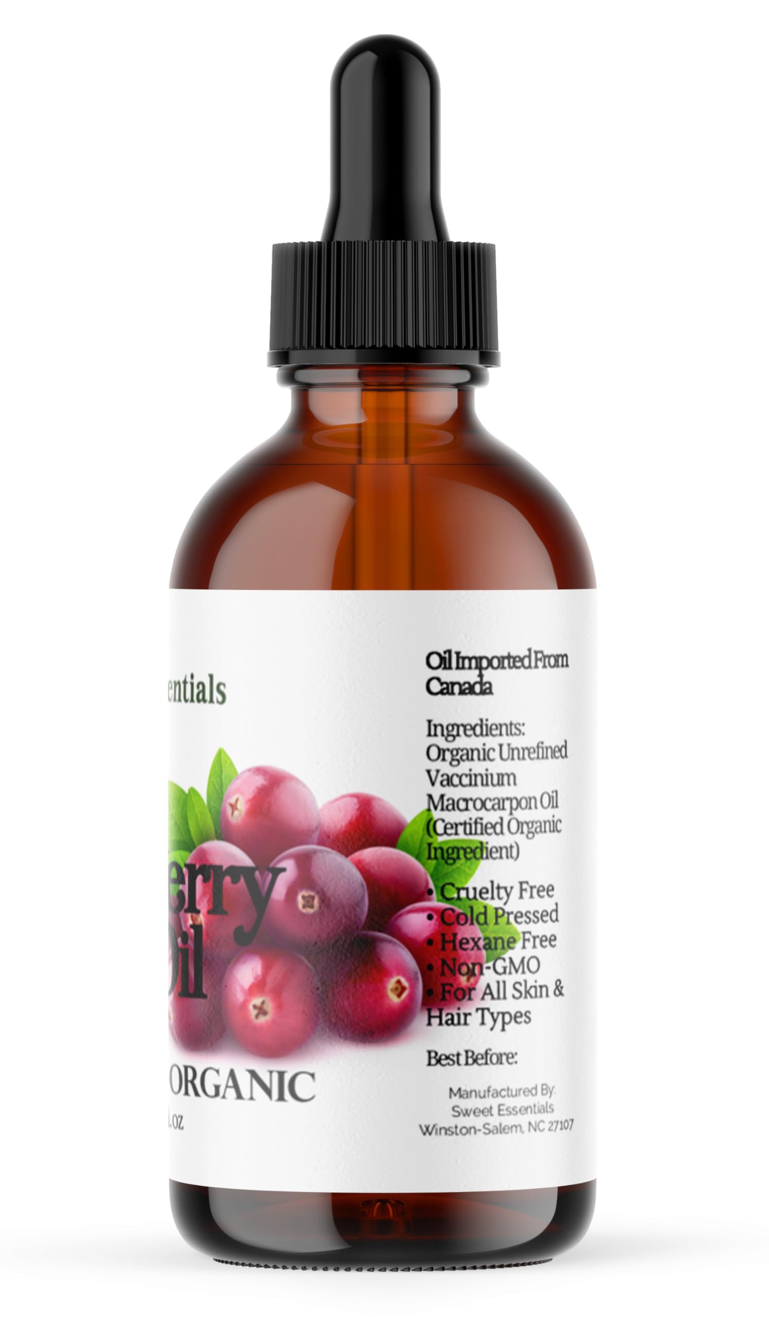Sweet Essentials Organic Virgin Cranberry Seed Oil – Cold-Pressed, 2 oz Glass