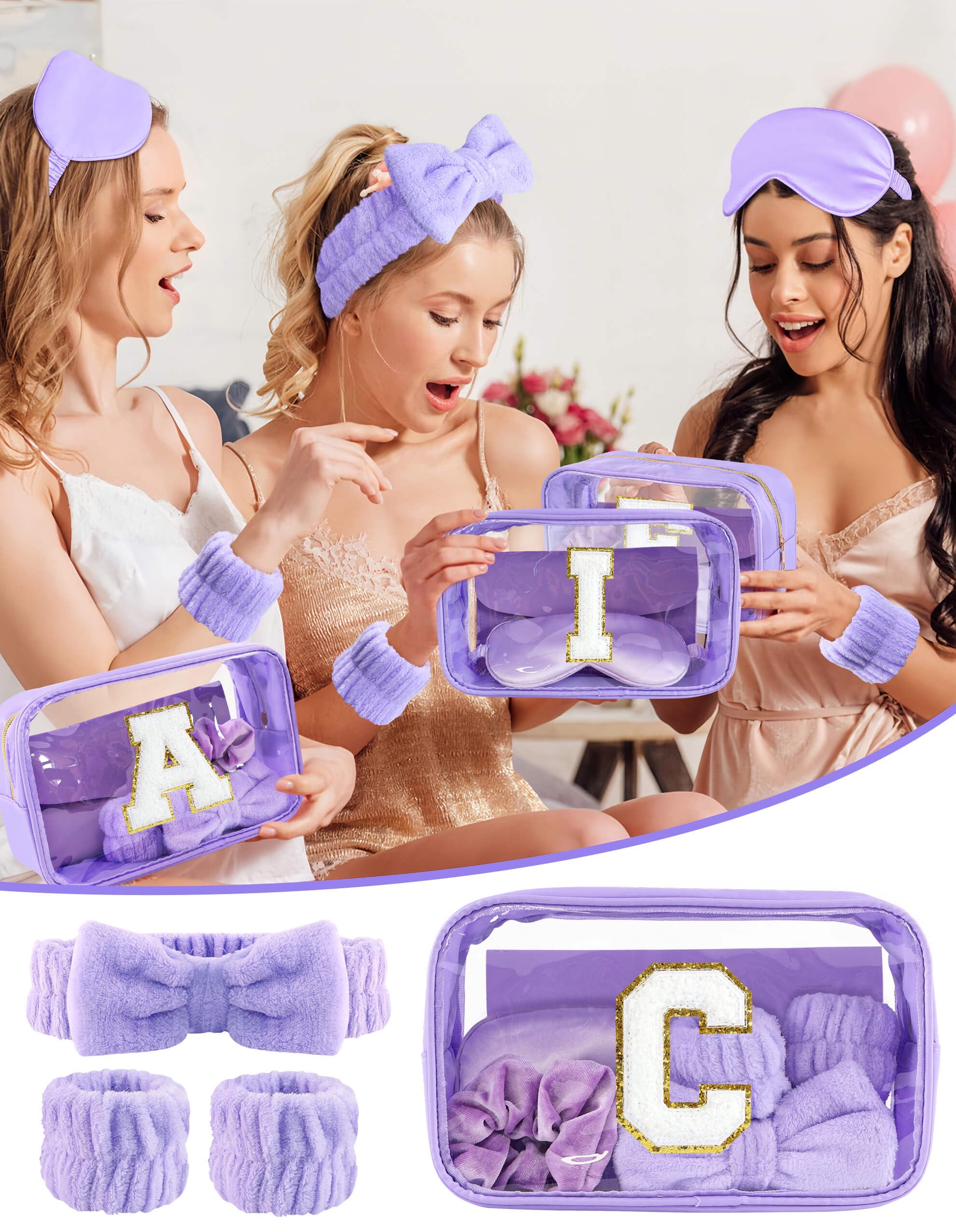 Sweet Lion Gift Sets for Women | Initial Makeup Bag & Brush Set | Purple Spa Kit for Teens & Bridesmaids