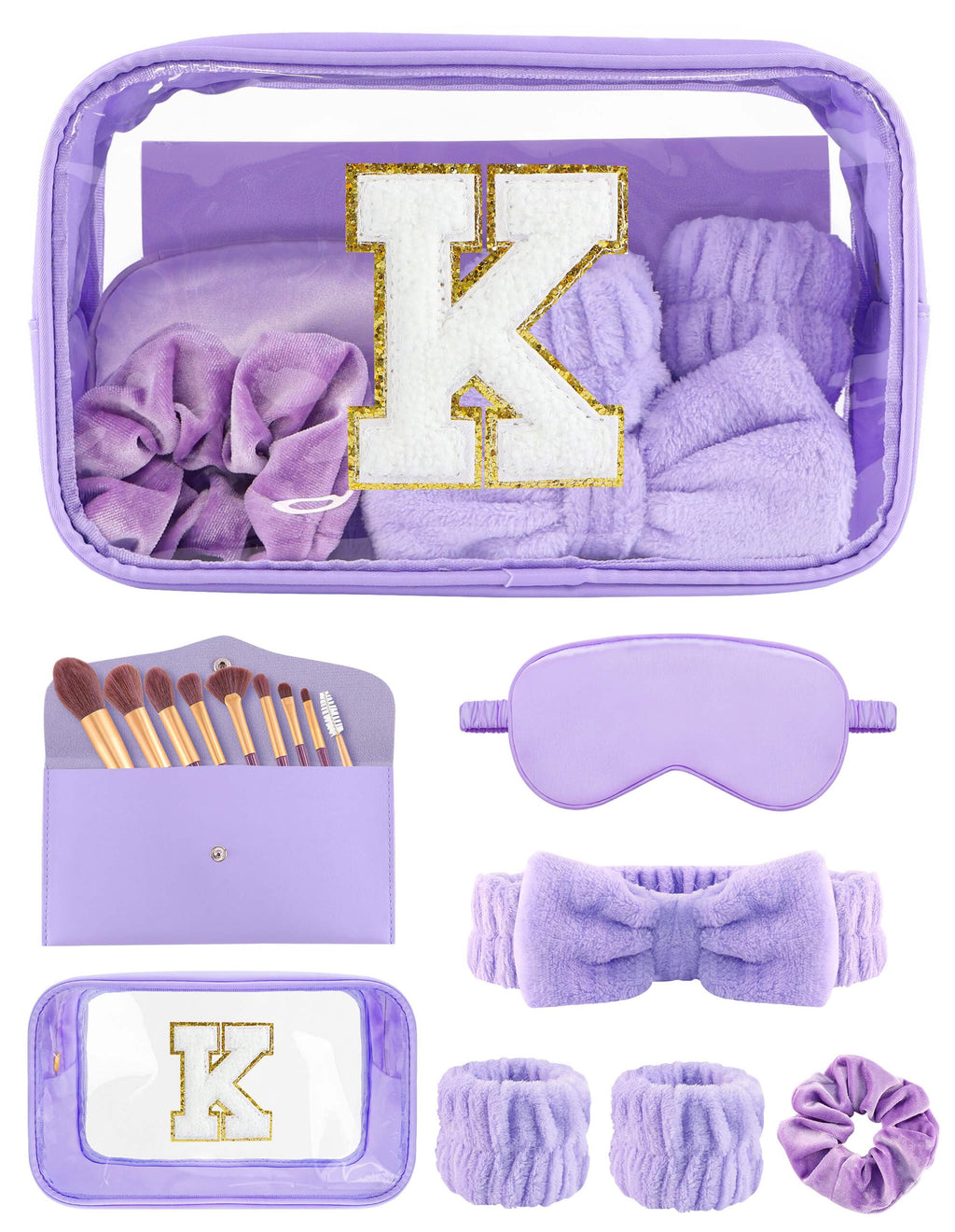 Sweet Lion Gift Sets for Women | Initial Makeup Bag & 7-Piece Brush Set | Spa Kit & Sleepover Favors