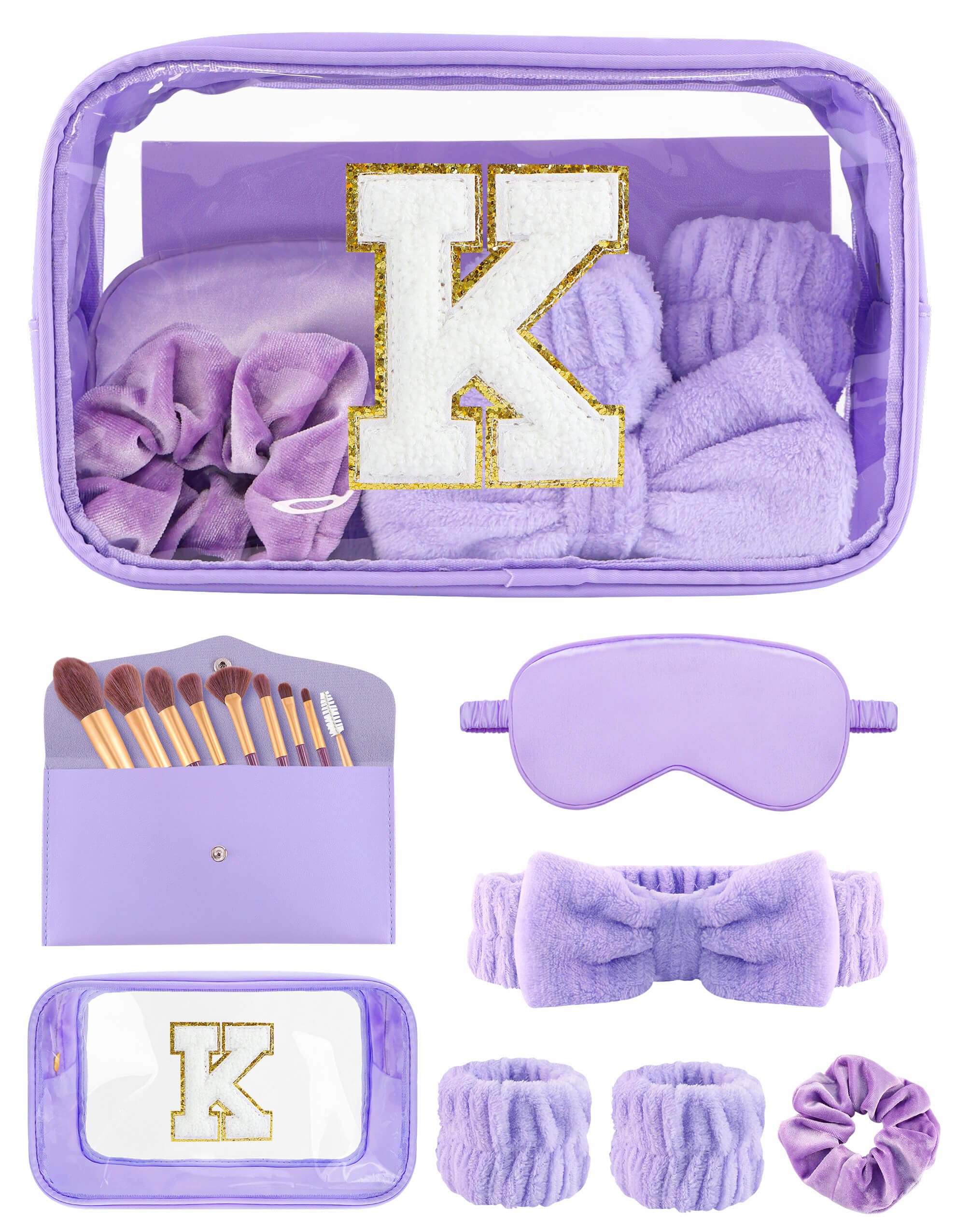 Sweet Lion Gift Sets for Women | Initial Makeup Bag & 7-Piece Brush Set | Spa Kit & Sleepover Favors
