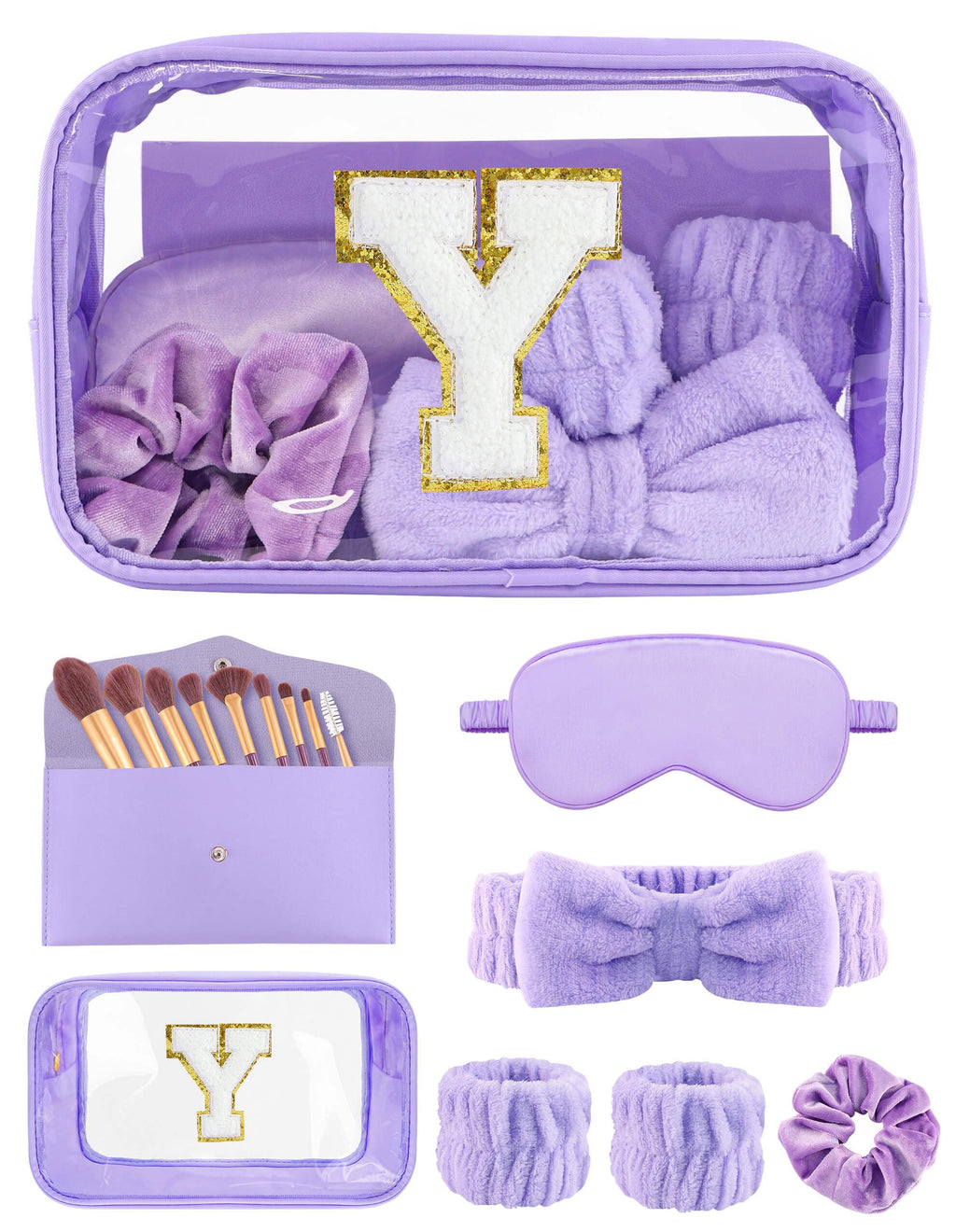 Sweet Lion Gift Sets for Women – Initial Makeup Bag, Purple Spa Kit & Brush Set