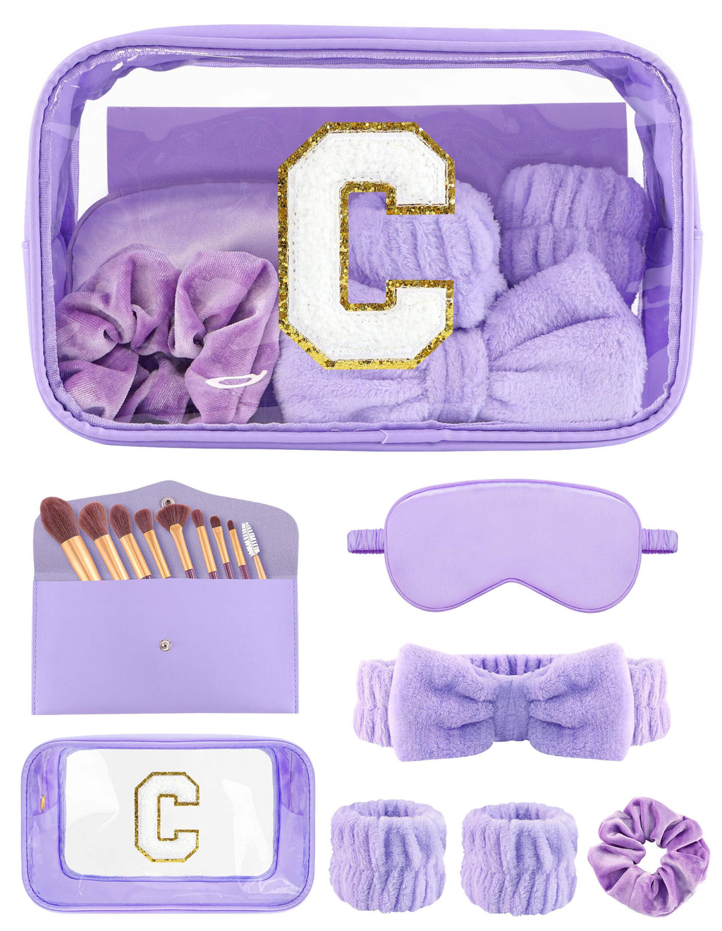 Sweet Lion Gift Sets for Women | Initial Makeup Bag & Brush Set | Purple Spa Kit for Teens & Bridesmaids