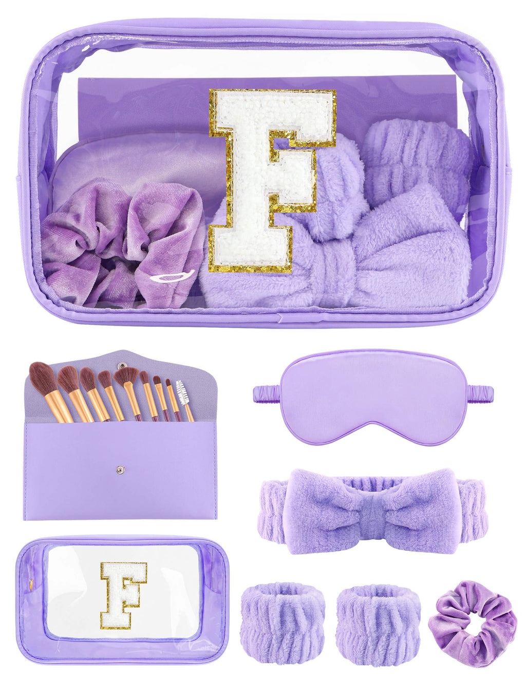 Sweet Lion Gift Sets for Women | Purple Spa Kit with Initial Makeup Bag & Brush Set
