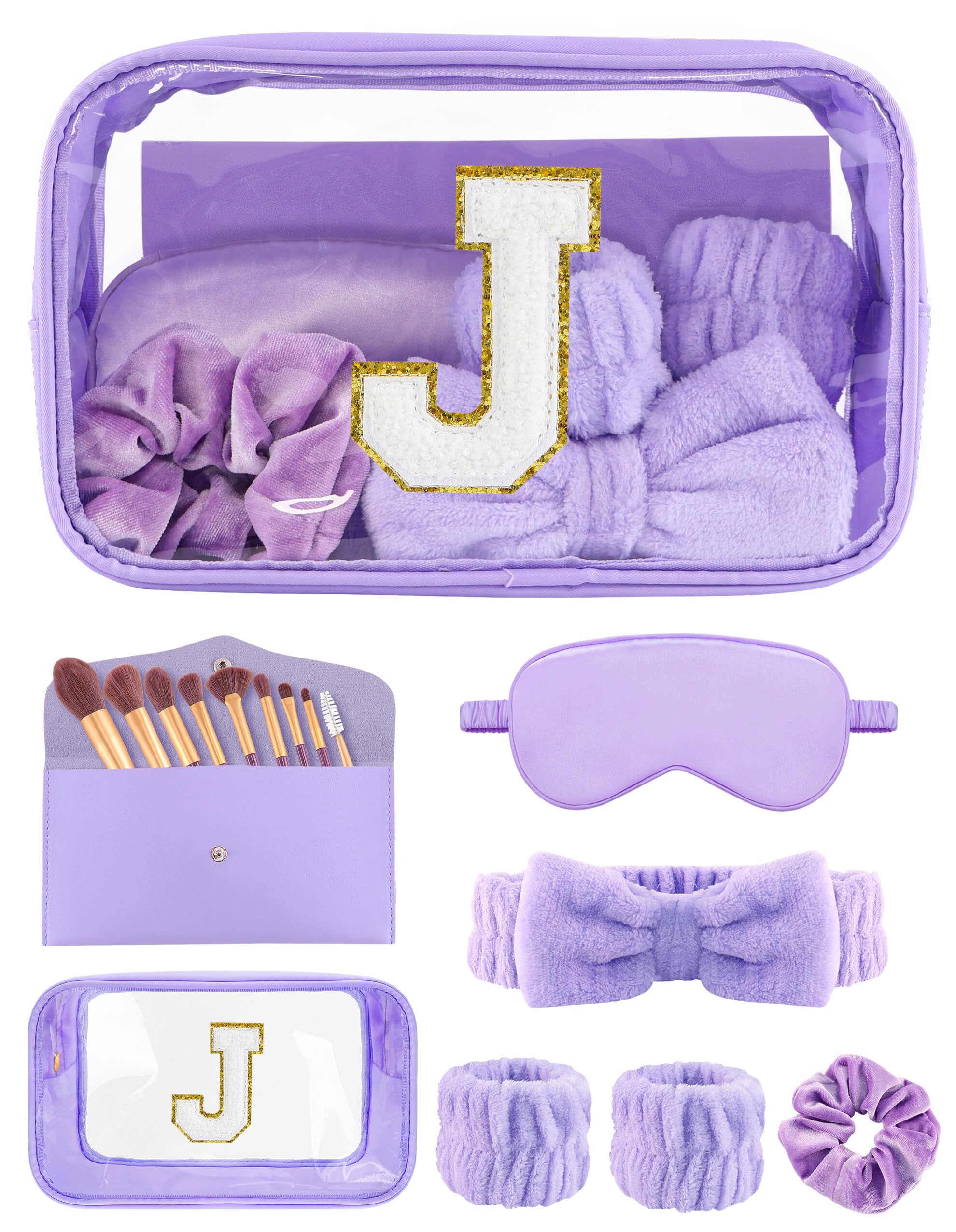 Sweet Lion Gift Sets for Women | Initial Makeup Bag & 7‑Piece Brush Set + Spa Headbands