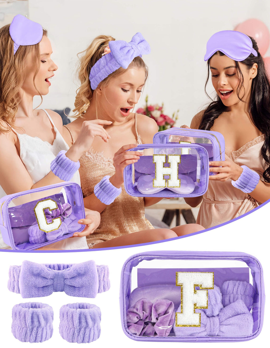Sweet Lion Gift Sets for Women | Purple Spa Kit with Initial Makeup Bag & Brush Set