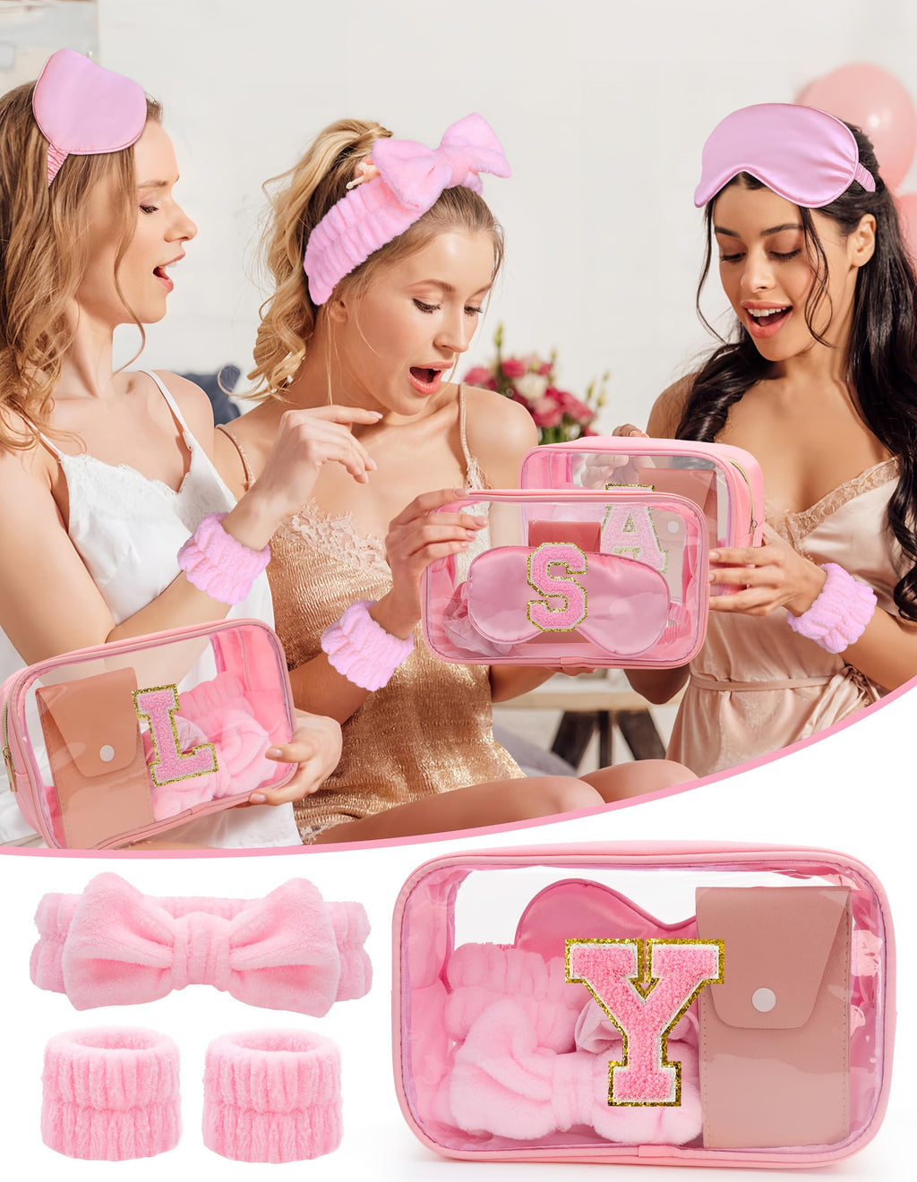 Sweet Lion Gift Sets for Women | Initial Makeup Bag & Brush Set | Pink Spa Kit