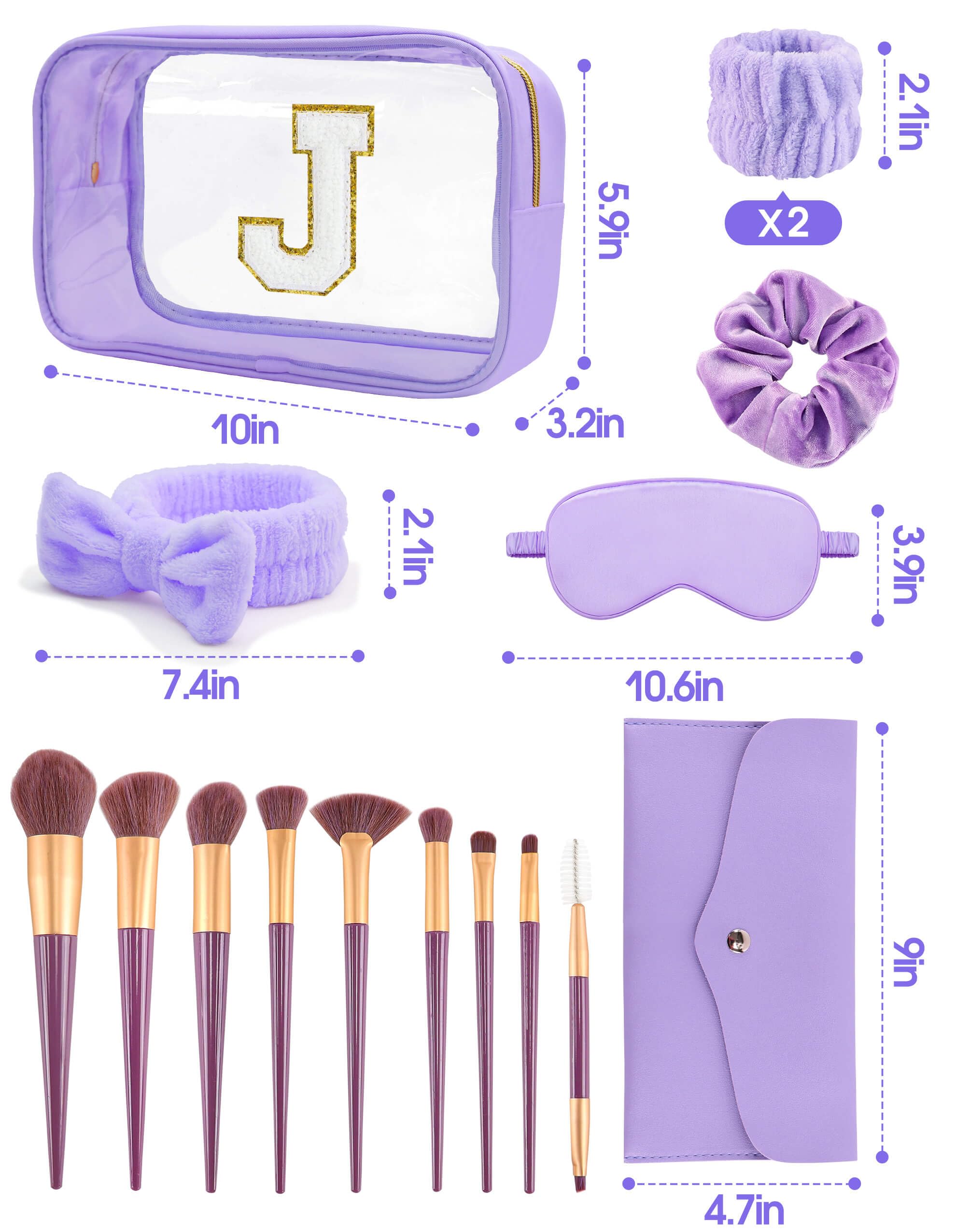 Sweet Lion Gift Sets for Women | Initial Makeup Bag & 7‑Piece Brush Set + Spa Headbands