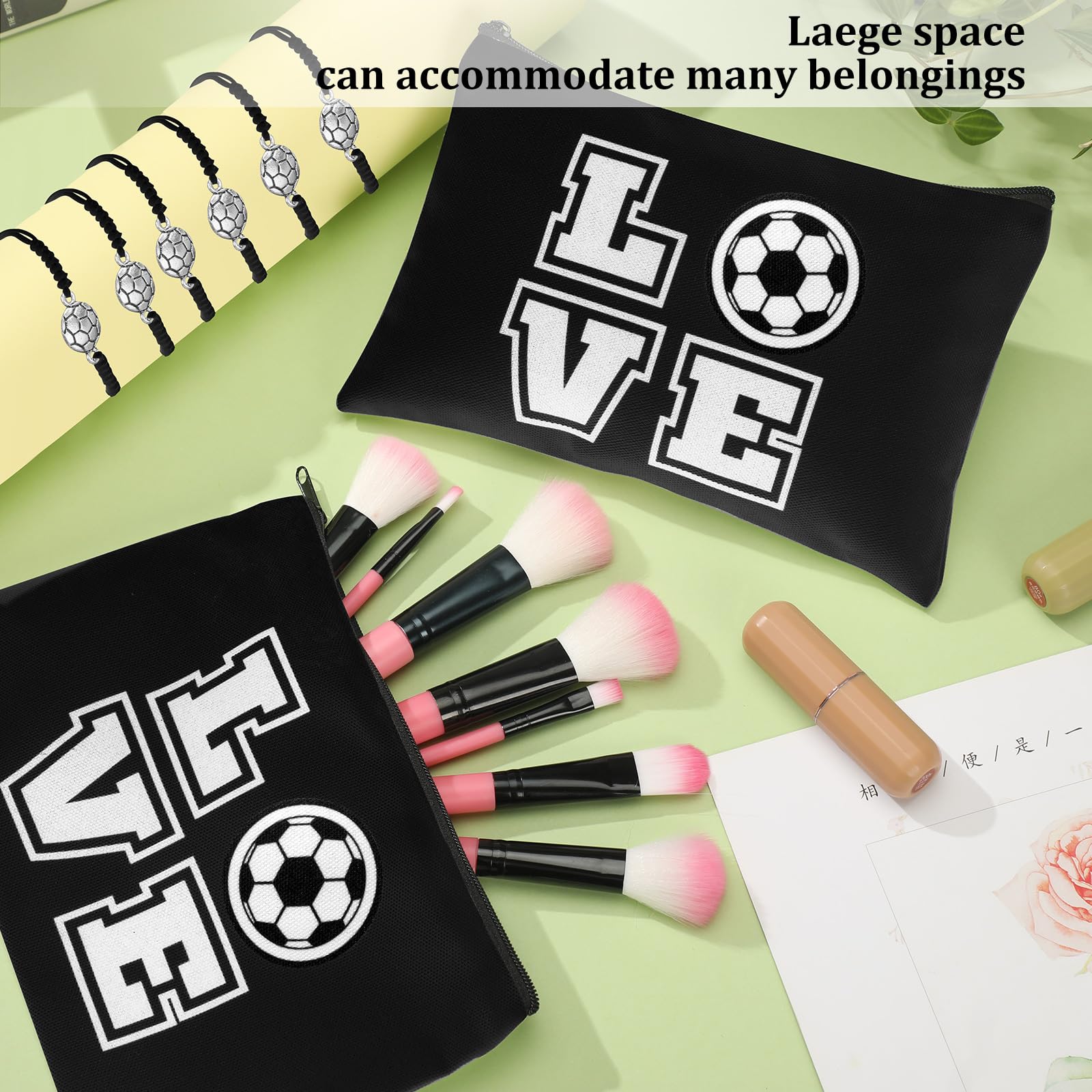 Sweetude 24 Pcs Valentines Soccer Gifts Bundle — 12 Adjustable Bracelets & 12 Makeup Bags (Black)