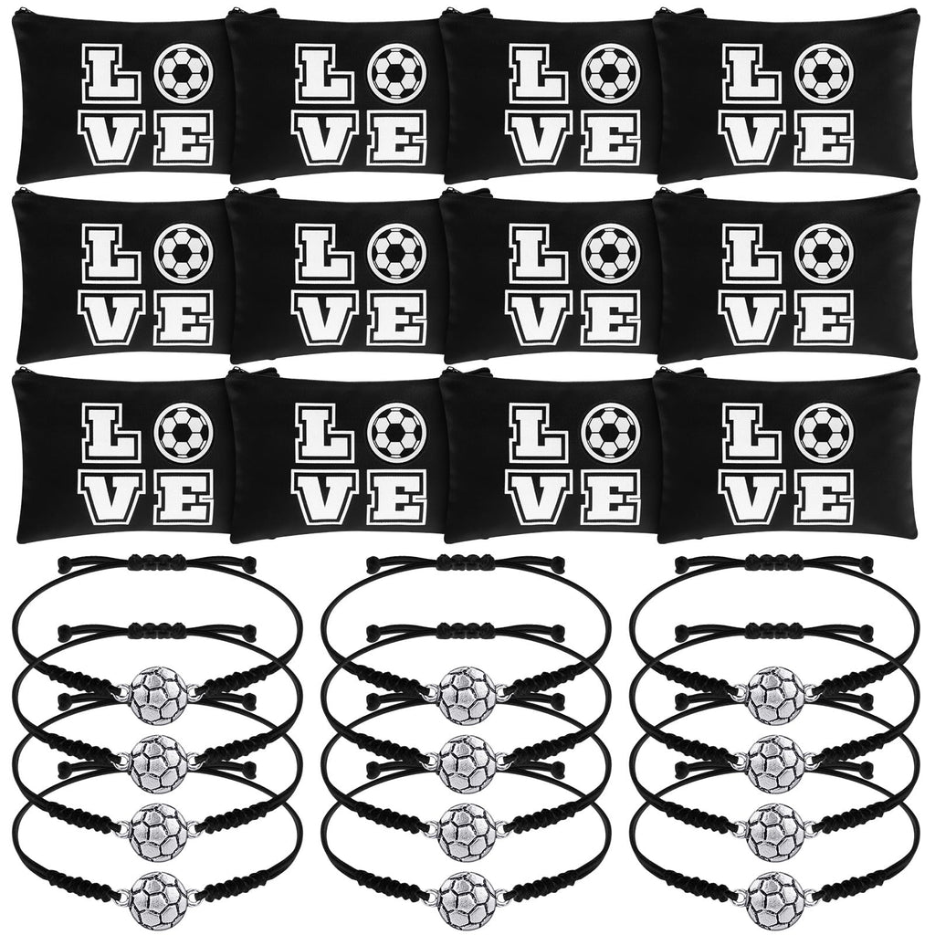 Sweetude 24 Pcs Valentines Soccer Gifts Bundle — 12 Adjustable Bracelets & 12 Makeup Bags (Black)
