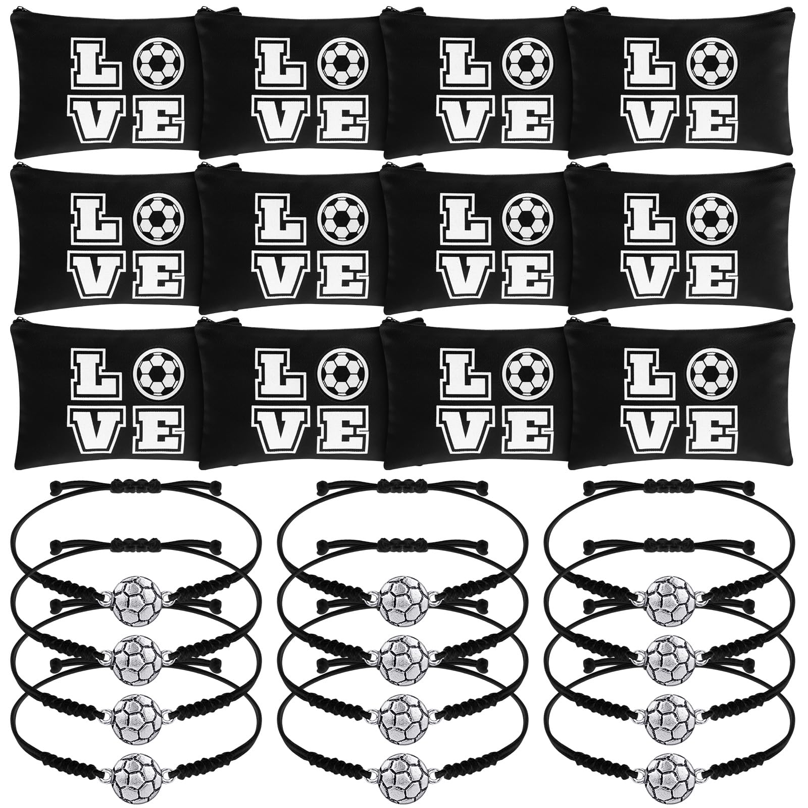 Sweetude 24 Pcs Valentines Soccer Gifts Bundle — 12 Adjustable Bracelets & 12 Makeup Bags (Black)