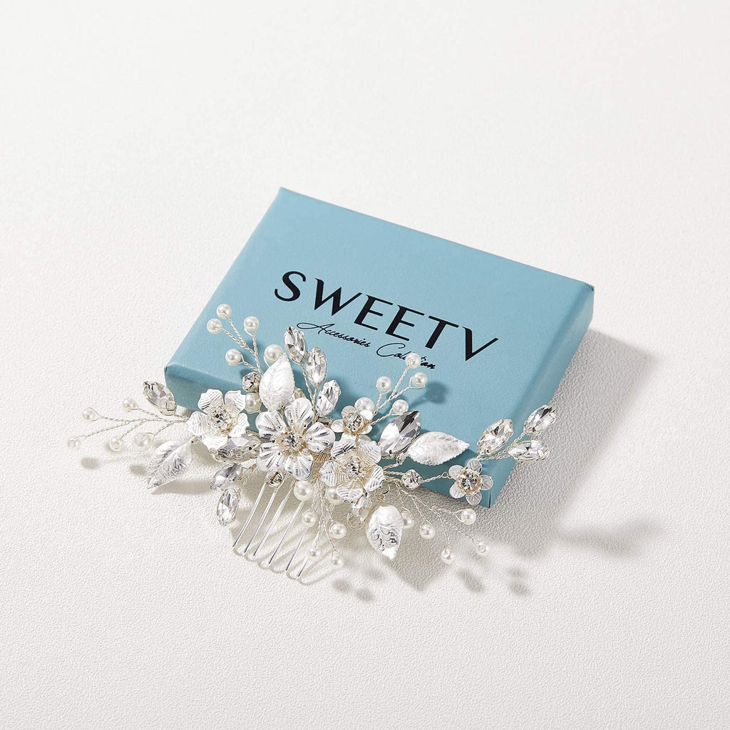 SWEETV Silver Bridal Hair Comb with Crystals & Pearls – Handmade Wedding Accessory