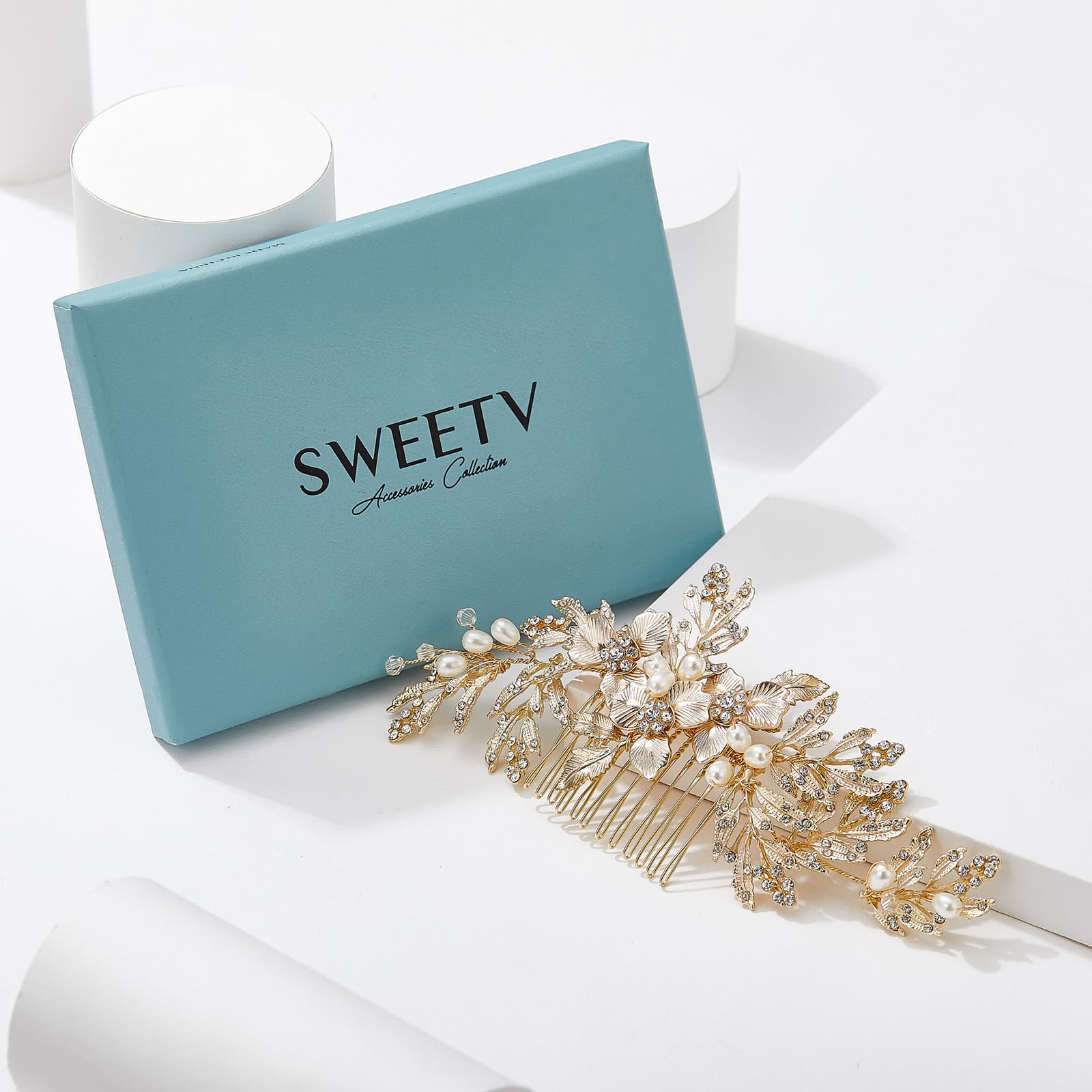 SWEETV Handmade Wedding Hair Comb Clip – Rhinestone Pearl with Gold Leaves