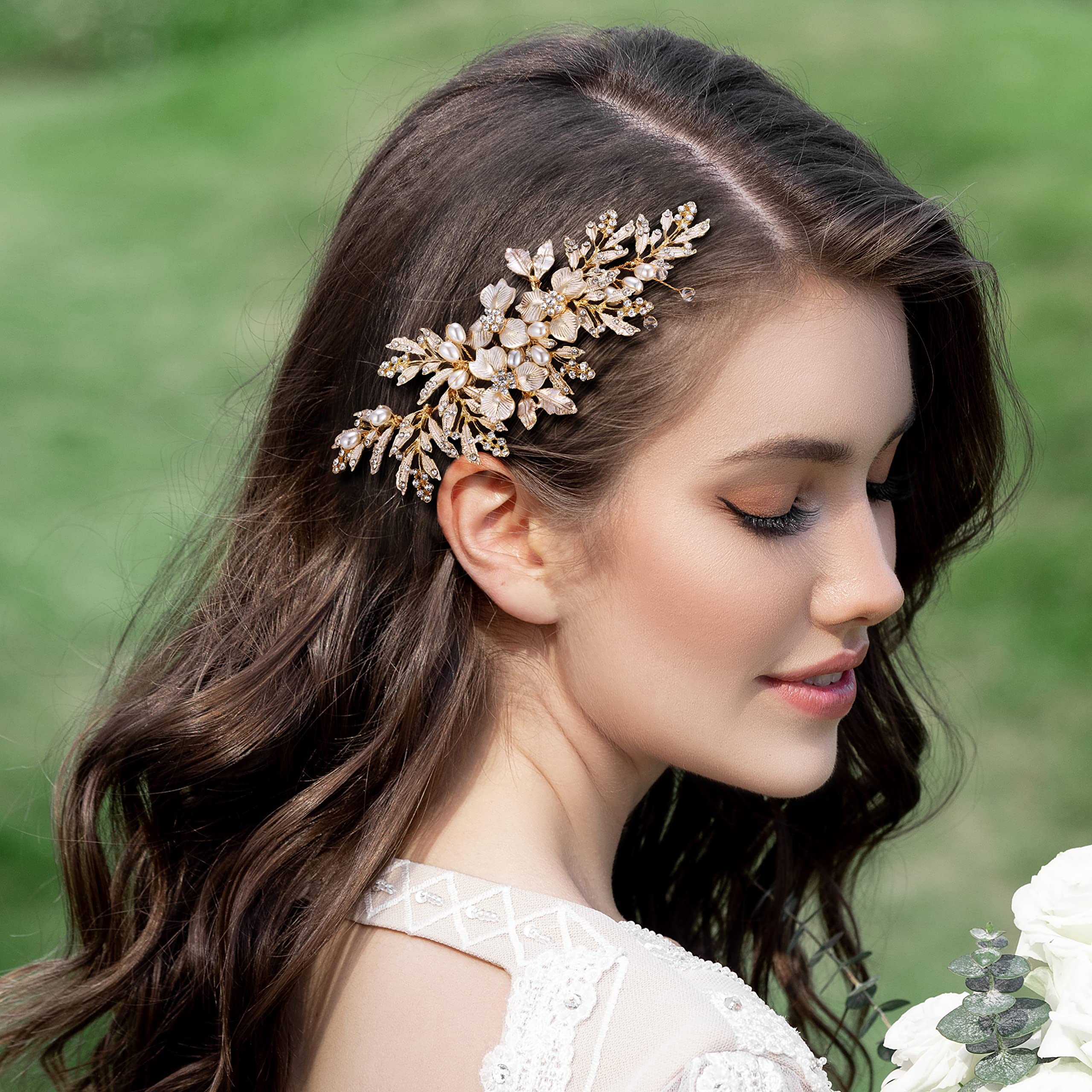 SWEETV Handmade Wedding Hair Comb Clip – Rhinestone Pearl with Gold Leaves