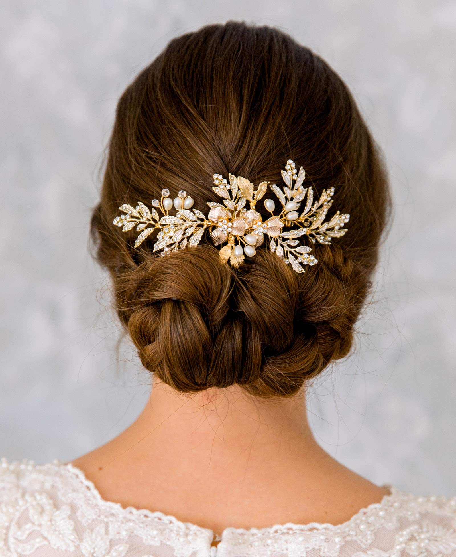 SWEETV Handmade Wedding Hair Comb Clip – Rhinestone Pearl with Gold Leaves