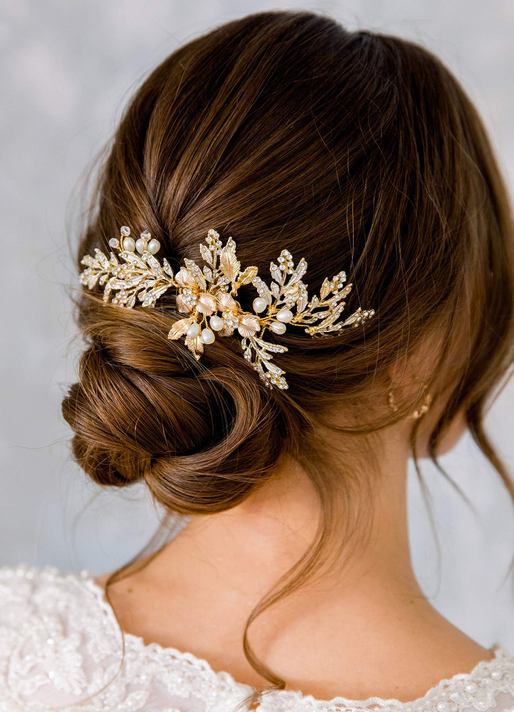 SWEETV Handmade Wedding Hair Comb Clip – Rhinestone Pearl with Gold Leaves