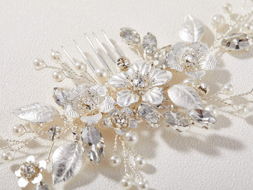 SWEETV Silver Bridal Hair Comb with Crystals & Pearls – Handmade Wedding Accessory
