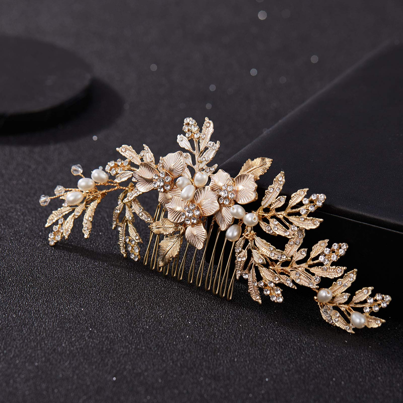 SWEETV Handmade Wedding Hair Comb Clip – Rhinestone Pearl with Gold Leaves