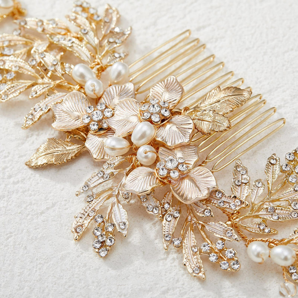 SWEETV Handmade Wedding Hair Comb Clip – Rhinestone Pearl with Gold Leaves