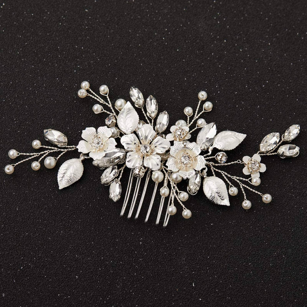 SWEETV Silver Bridal Hair Comb with Crystals & Pearls – Handmade Wedding Accessory