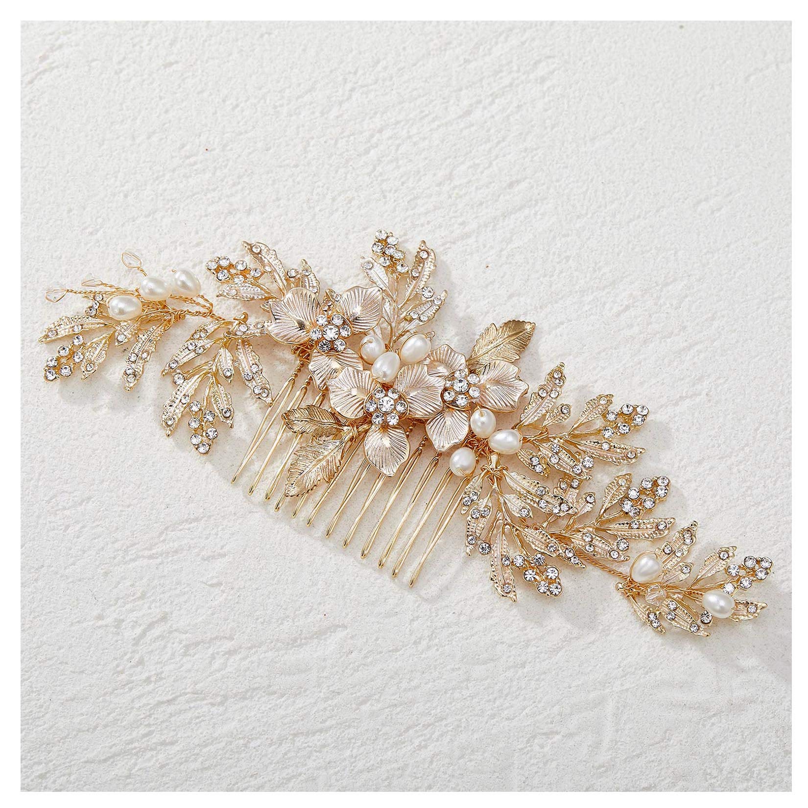 SWEETV Handmade Wedding Hair Comb Clip – Rhinestone Pearl with Gold Leaves