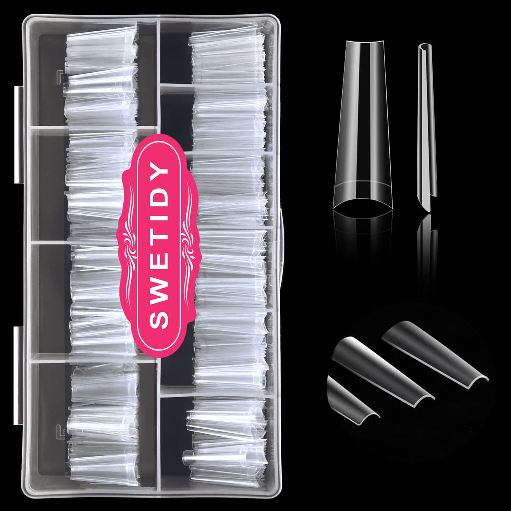SWETIDY 500pcs No C Curve XL Coffin Nail Tips – Clear Long Coffin Acrylic Nails, 10 Sizes in Box